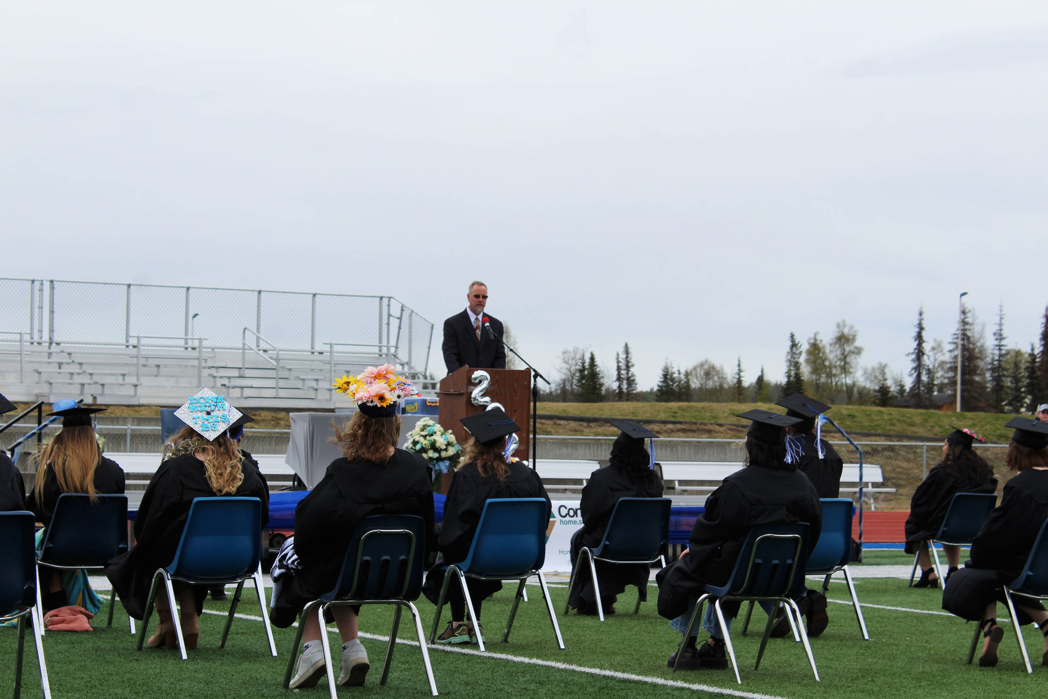 Connections Homeschool Principal Rich Bartolowits speaks to graduates during their graduation ceremony at Soldotna High School on Thursday, May 20, 2021. (Ashlyn O’Hara/Peninsula Clarion)
