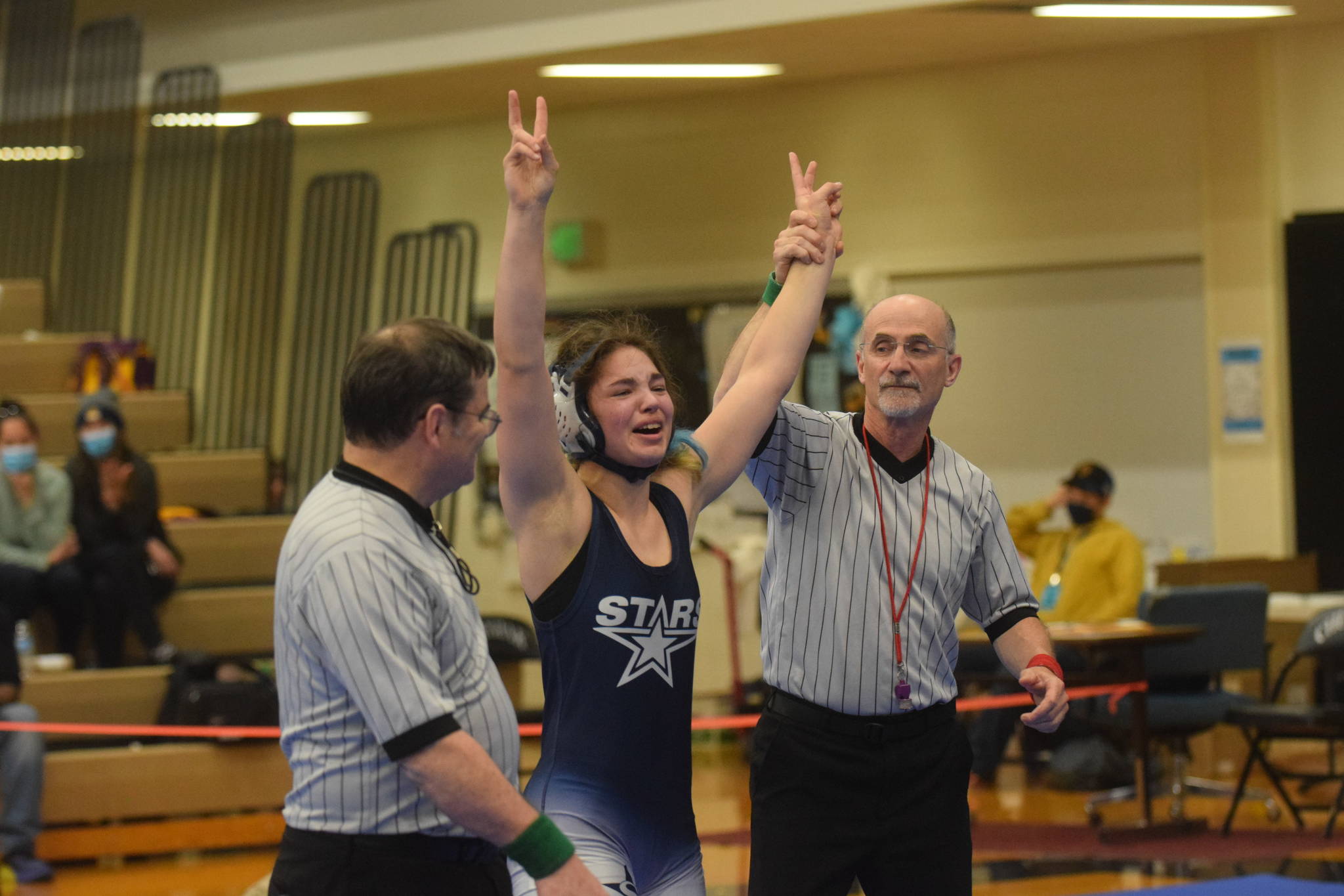 Soldotna High School sophomore Trinity Donovan wins the wrestling state championship in Chugiak, Alaska on Saturday, May 22, 2021. (Camille Botello / Peninsula Clarion)