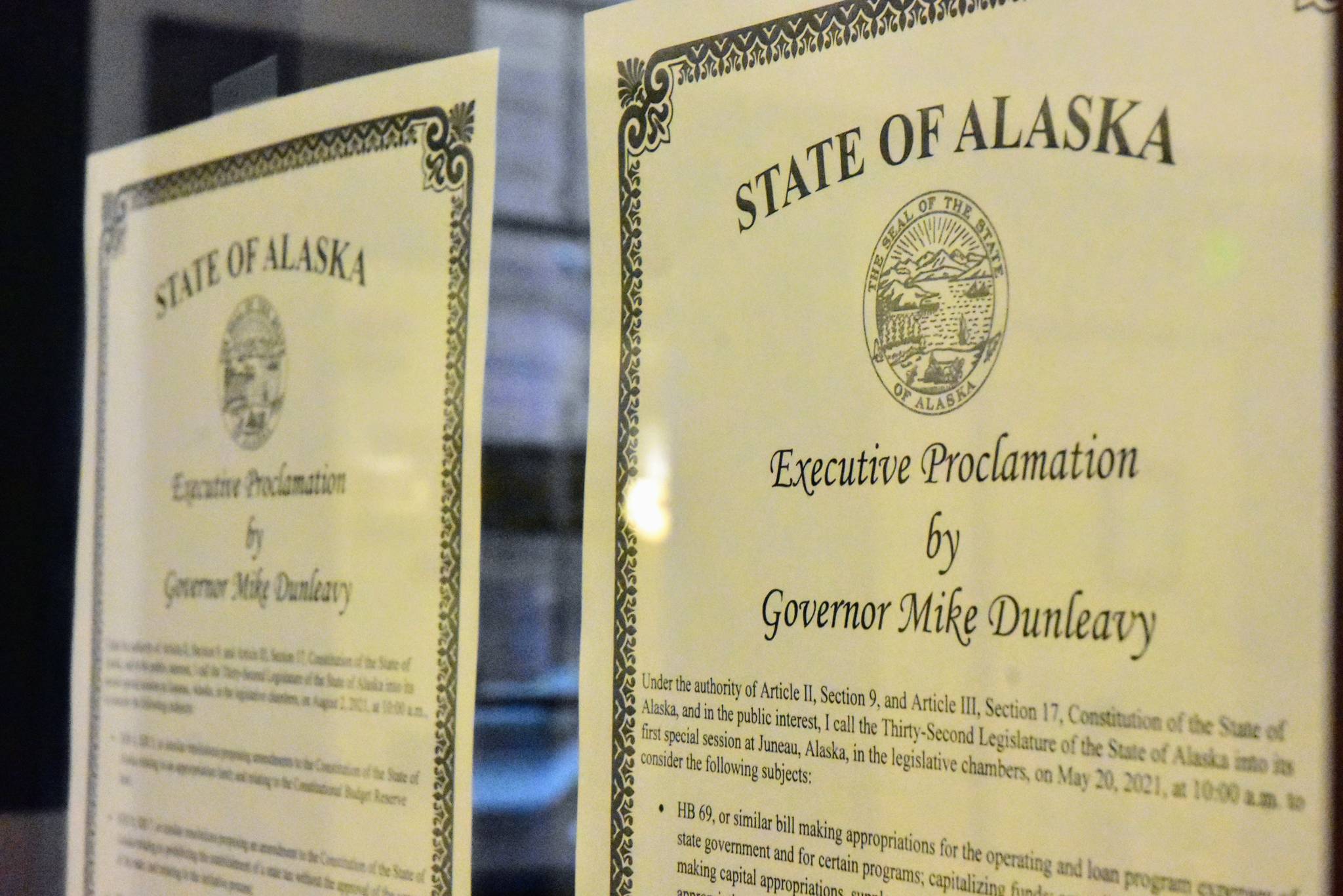 Peter Segall / Juneau Empire
Proclamations from Gov. Mike Dunleavy calling special sessions of the Alaska State Legislature for late May and early August were posted in the otherwise quiet office of the House Clerk on Friday, May 21, 2021. The first special session has started but the Capitol building was quiet as most of the work before lawmakers will take place in committee.