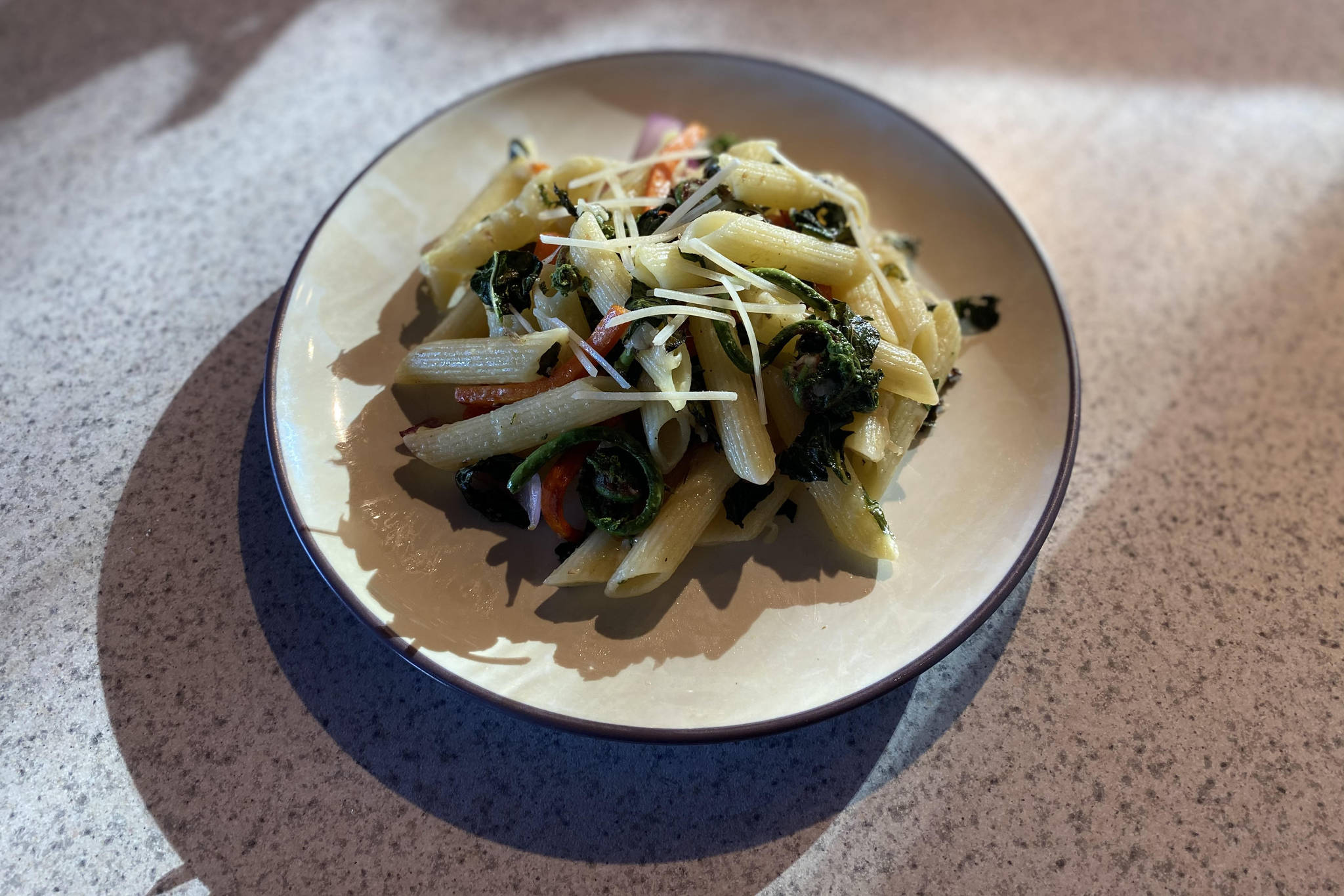 Alaska Primavera is a classic springtime pasta dish that features fresh foraged fiddleheads. Photographed on Sunday, May 23, 2021. (Tressa Dale/Peninsula Clarion)