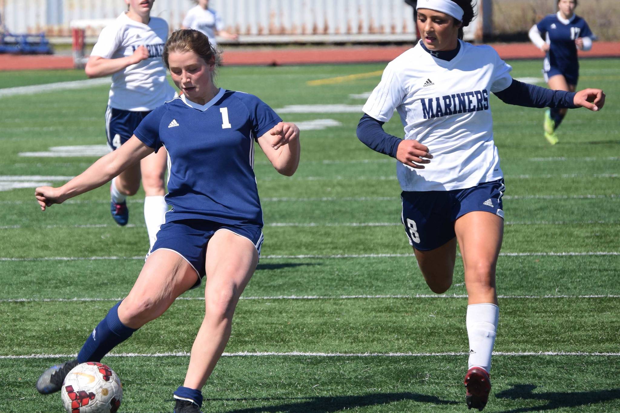 Soldotna's Rhys Cannava shoots on Homer's Debbie Weisser on Saturday, May 22, 2021, in the Peninsula Conference final at Kenai Central High School in Kenai, Alaska. (Photo by Jeff Helminiak/Peninsula Clarion)