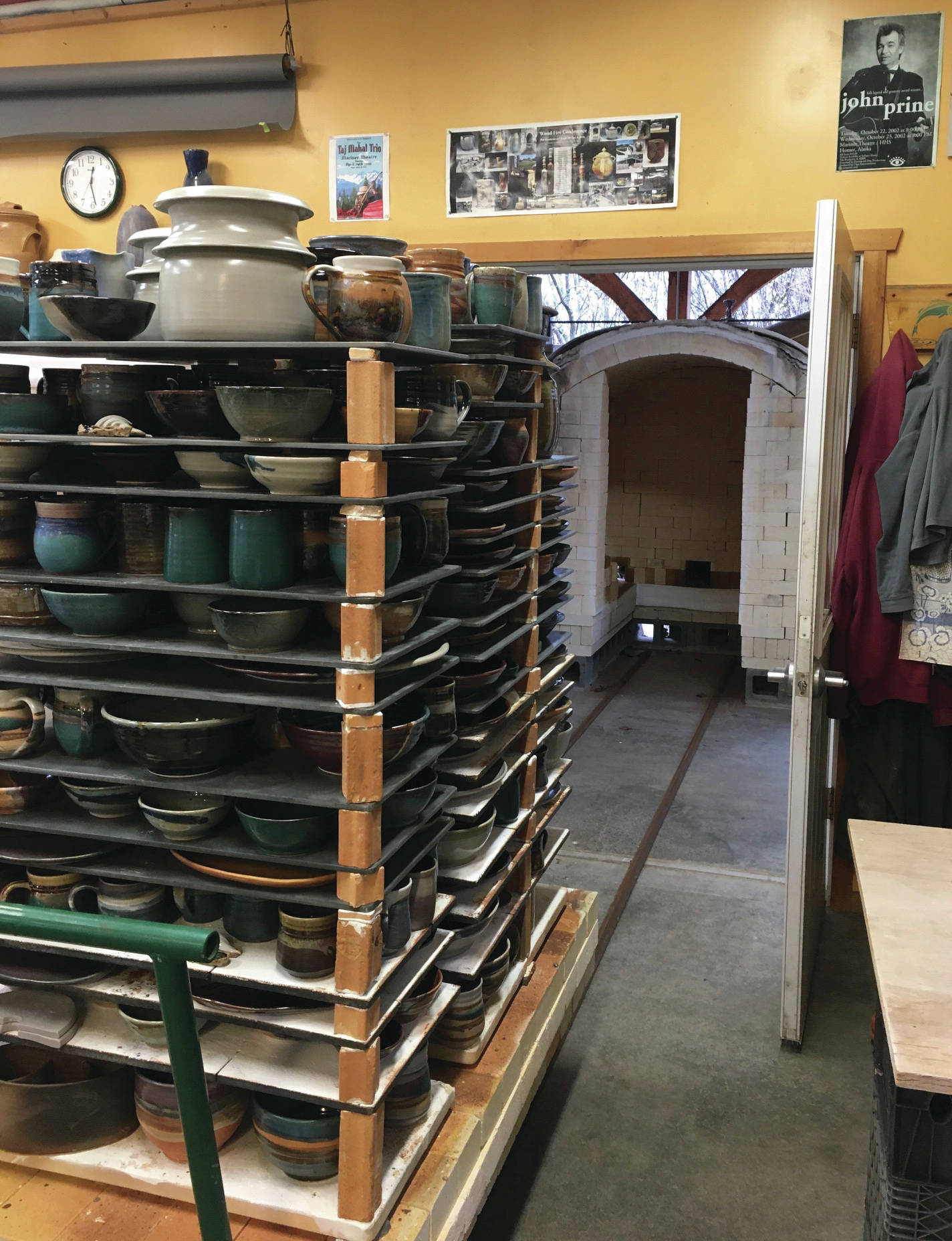 Glaze-fired work was wheeled out of Paul Dungan’s car kiln on Nov. 12, 2020, at his studio in Homer, Alaska. (Photo by Paul Dungan)