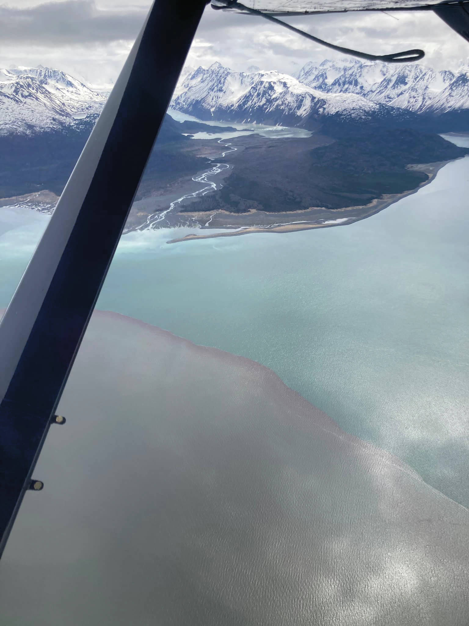 This photo taken by Beryl Air pilot Stephanie Greer on Friday, May 21, over Grewingk Glacier and Glacier Spit shows the mesodinium rubrum bloom to the left as contrasted with the normal ocean water of Kachemak Bay near Homer. (Photo courtesy of Stephanie Greer/Beryl Air)