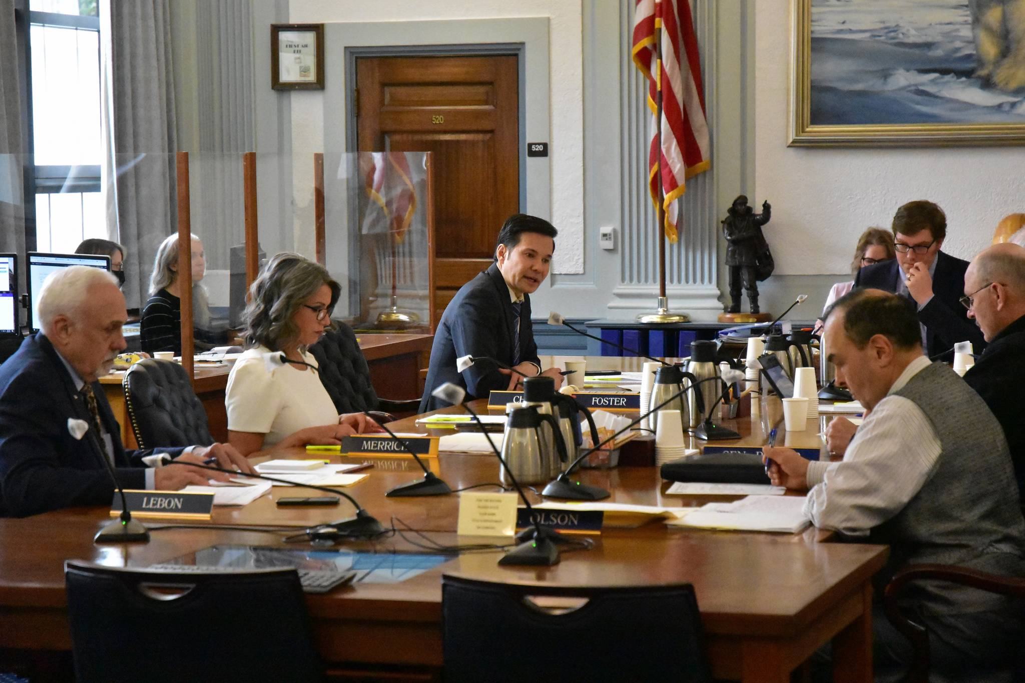 Rep. Neal Foster, D-Nome, at center, chairs the first meeting of a bicameral conference committee tasked with negotiating the state’s final budget bill in the Senate Finance Committee chambers on Wednesday, May 26, 2021. Lawmakers had said they wanted to finish before Memorial Day, but Foster said that didn’t seem like a possibility. (Peter Segall / Juneau Empire)