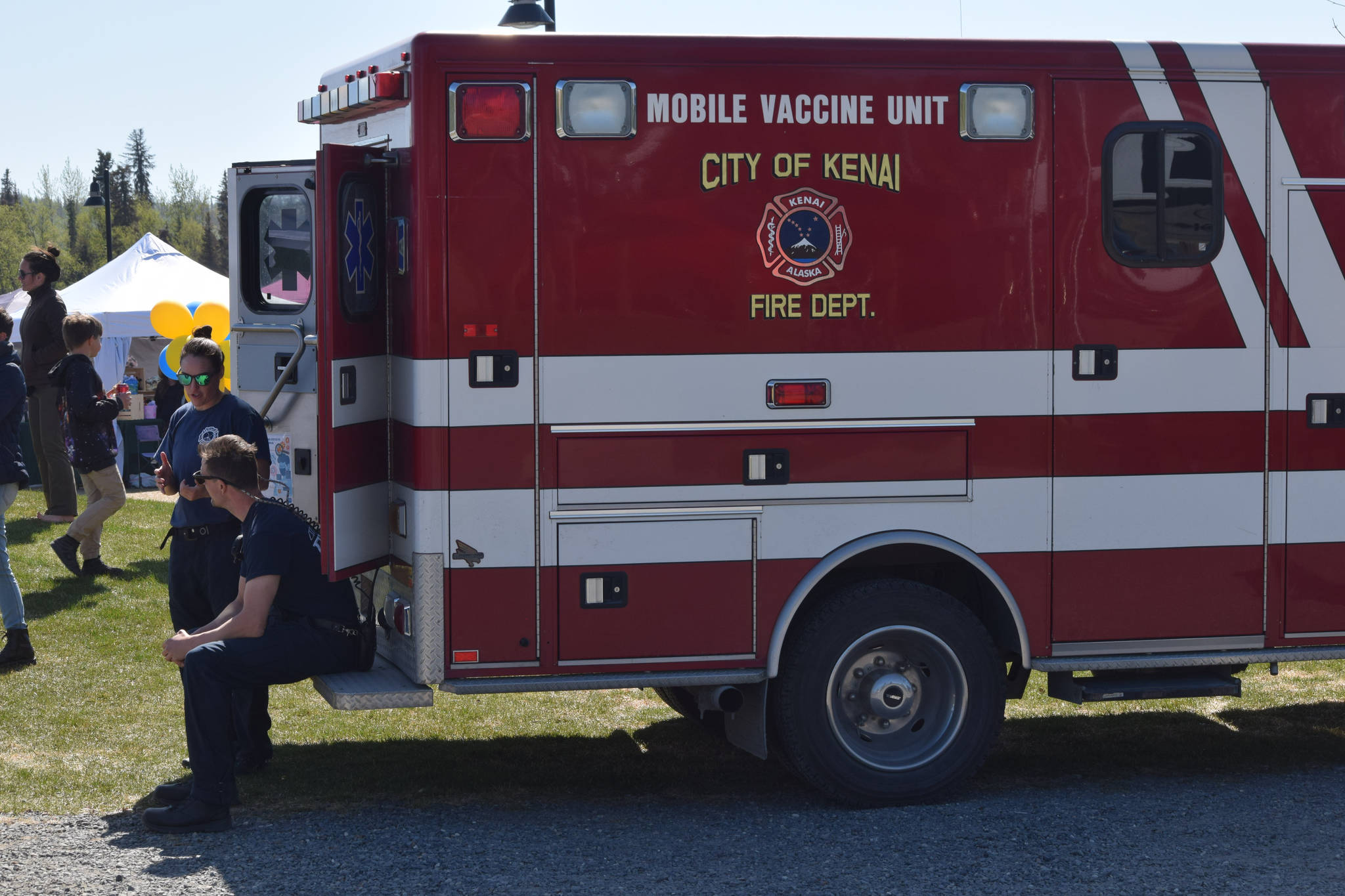 The Kenai Fire Department offers the Pfizer-BioNTech and Johnson & Johnson/Janssen COVID-19 vaccines at its mobile clinic during the first day of the Wednesday Market in Soldotna, Alaska, on Wednesday, May 26, 2021. (Camille Botello / Peninsula Clarion)