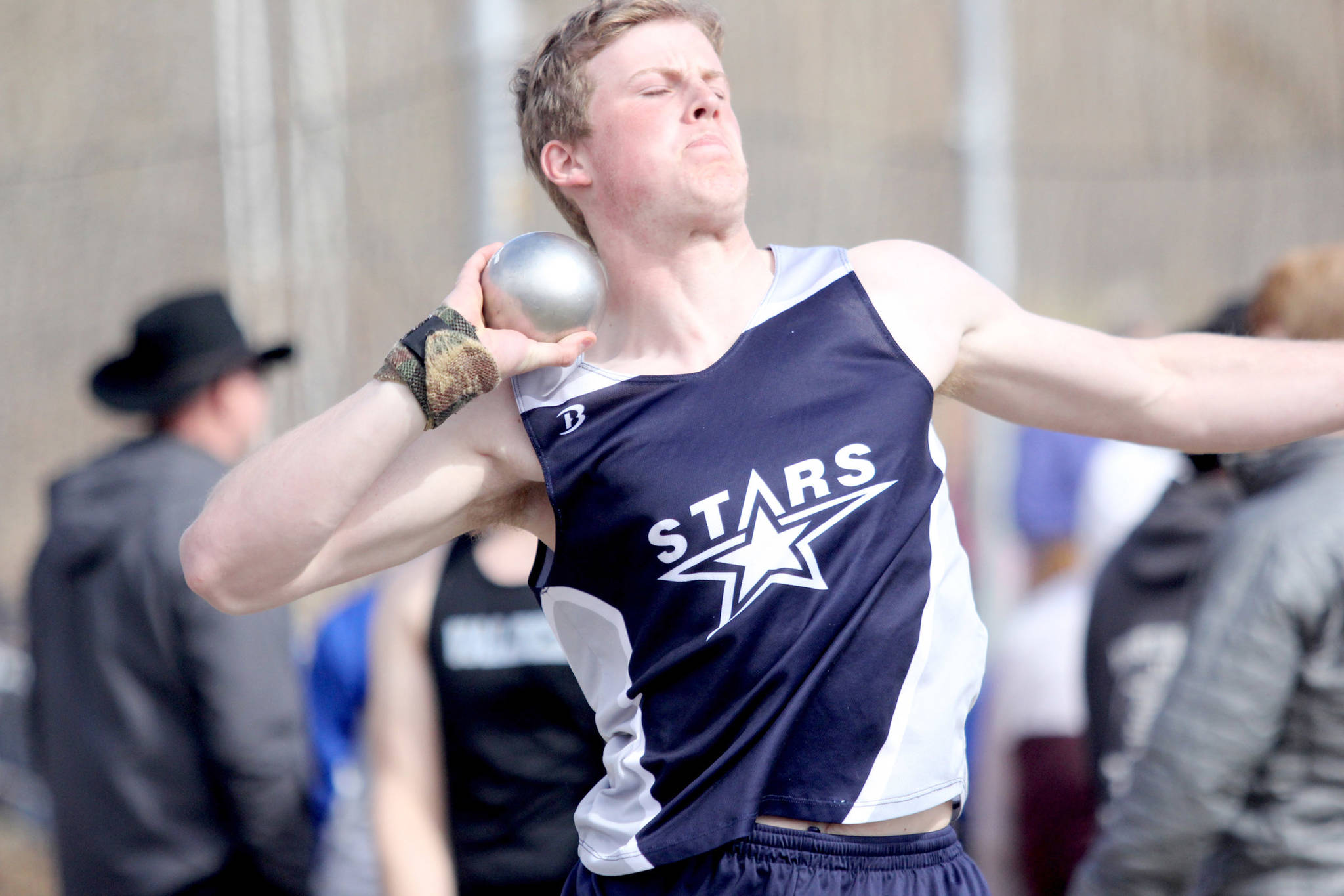 Soldotna’s Dylan Dahlgren makes a throw in the shot put during the first day of the Palmer Invitational on Friday, May 7, 2021 at Palmer High School in Palmer, Alaska. (Photo by Jeremiah Bartz/Frontiersman)