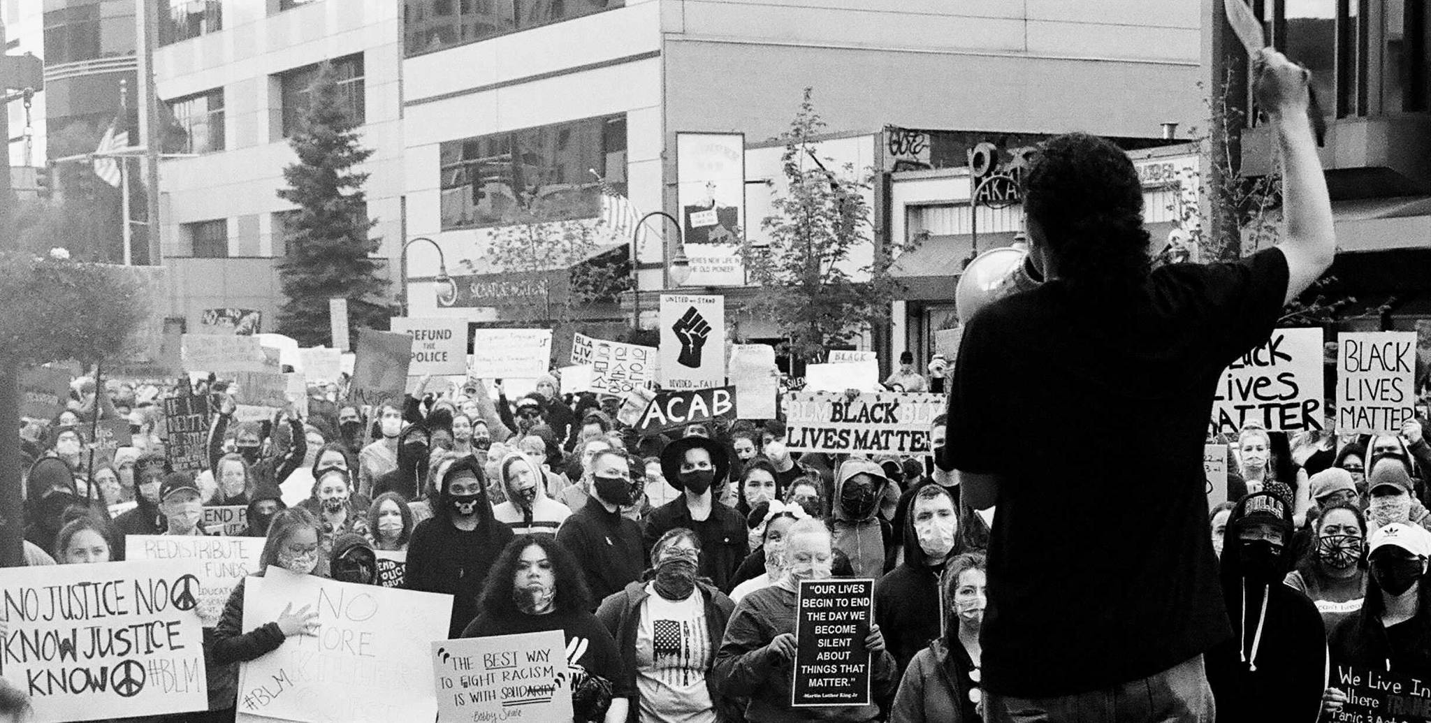 Photo by Thomas McIntyre
A group gathers in downtown Anchorage during a Black Lives Matter protest in the summer of 2020.