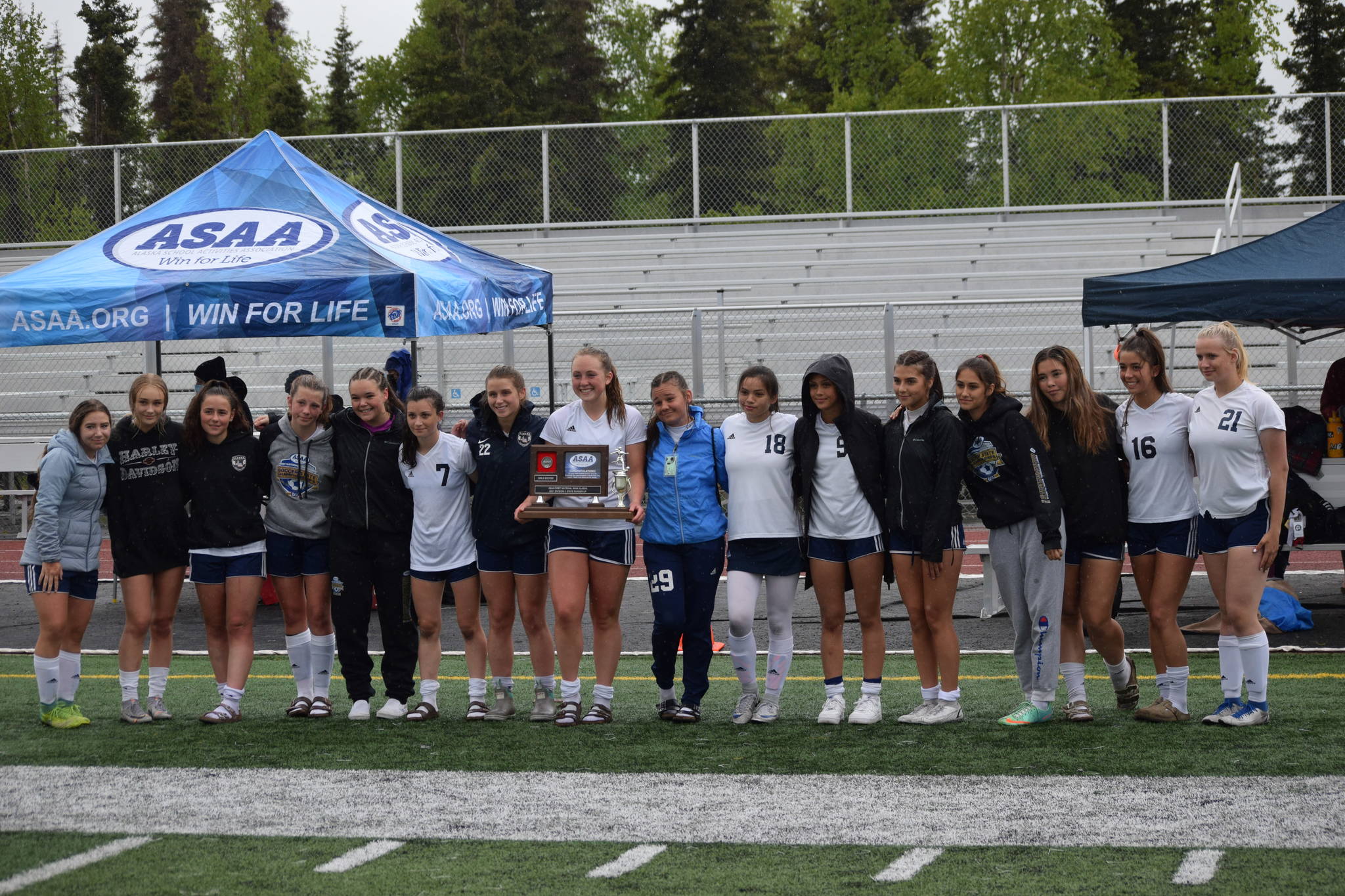 The Soldotna High School girls varsity soccer team wins second place at the state championship game in Anchorage, Alaska on Saturday, May 29, 2021. (Camille Botello / Peninsula Clarion)