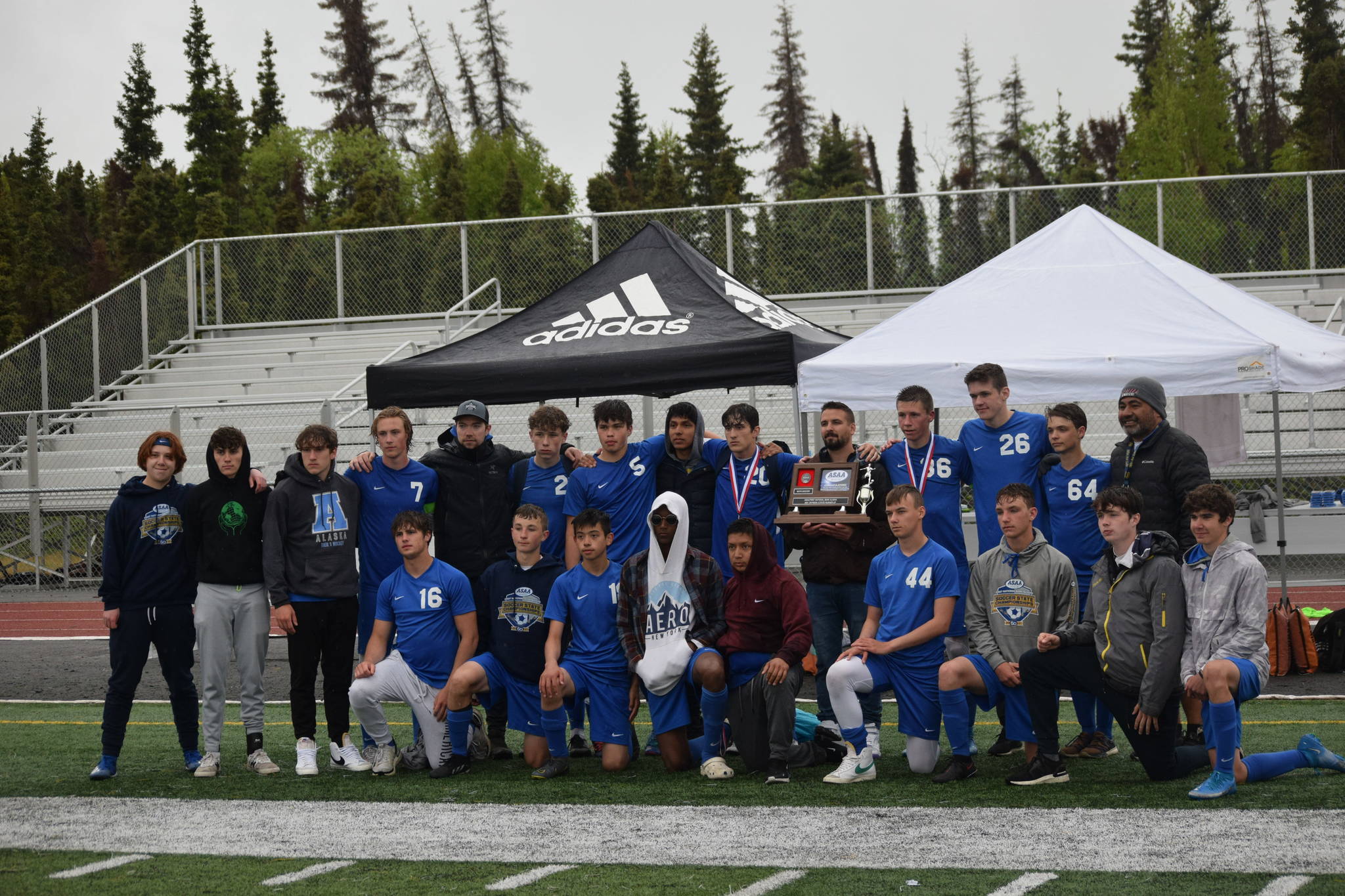 The Soldotna High School boys varsity soccer team wins second place at the state championship game in Anchorage, Alaska on Saturday, May 29, 2021. (Camille Botello / Peninsula Clarion)