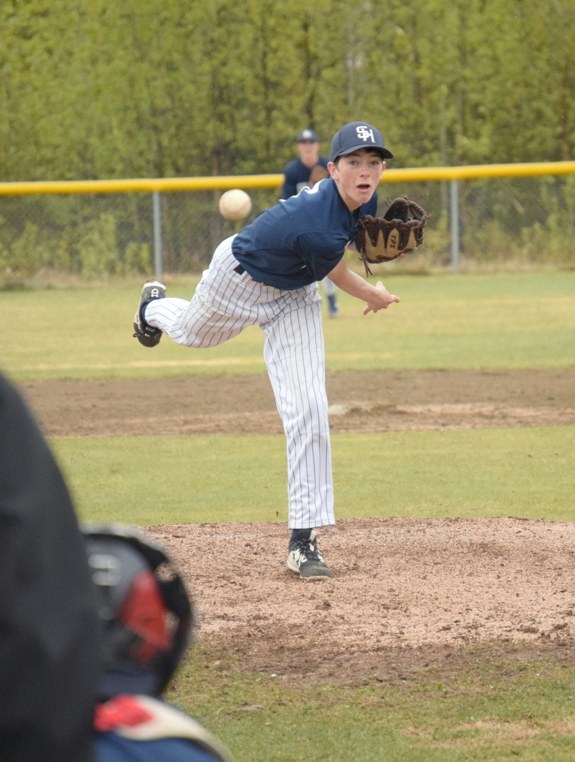 Soldotna pitcher Derrick Jones delivers to Homer on Saturday, May 29, 2021, in the Southcentral Conference tournament at the Soldotna Little League fields in Soldotna, Alaska. (Photo by Jeff Helminiak/Peninsula Clarion)