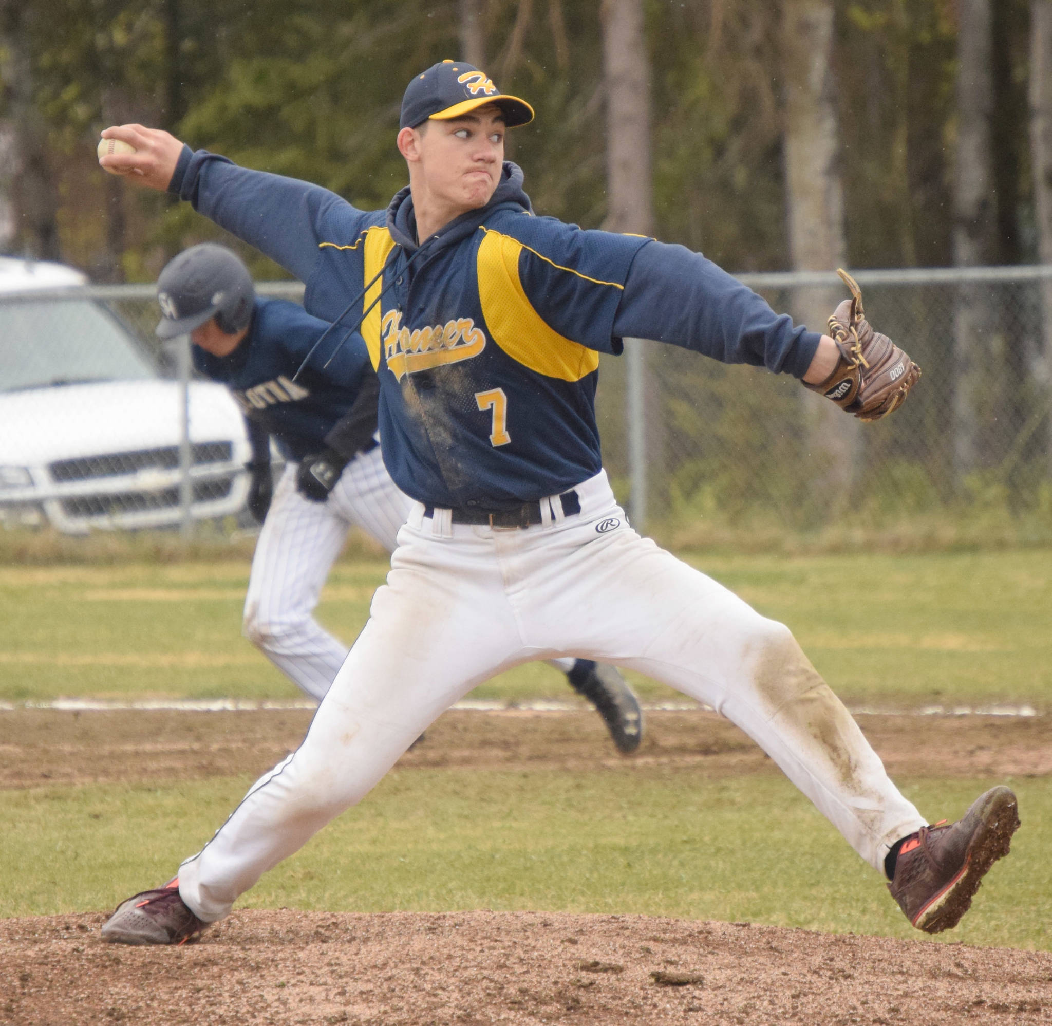 Homer pitcher Coda Wood delivers to Soldotna on Saturday, May 29, 2021, in the Southcentral Conference tournament at the Soldotna Little League fields in Soldotna, Alaska. (Photo by Jeff Helminiak/Peninsula Clarion)