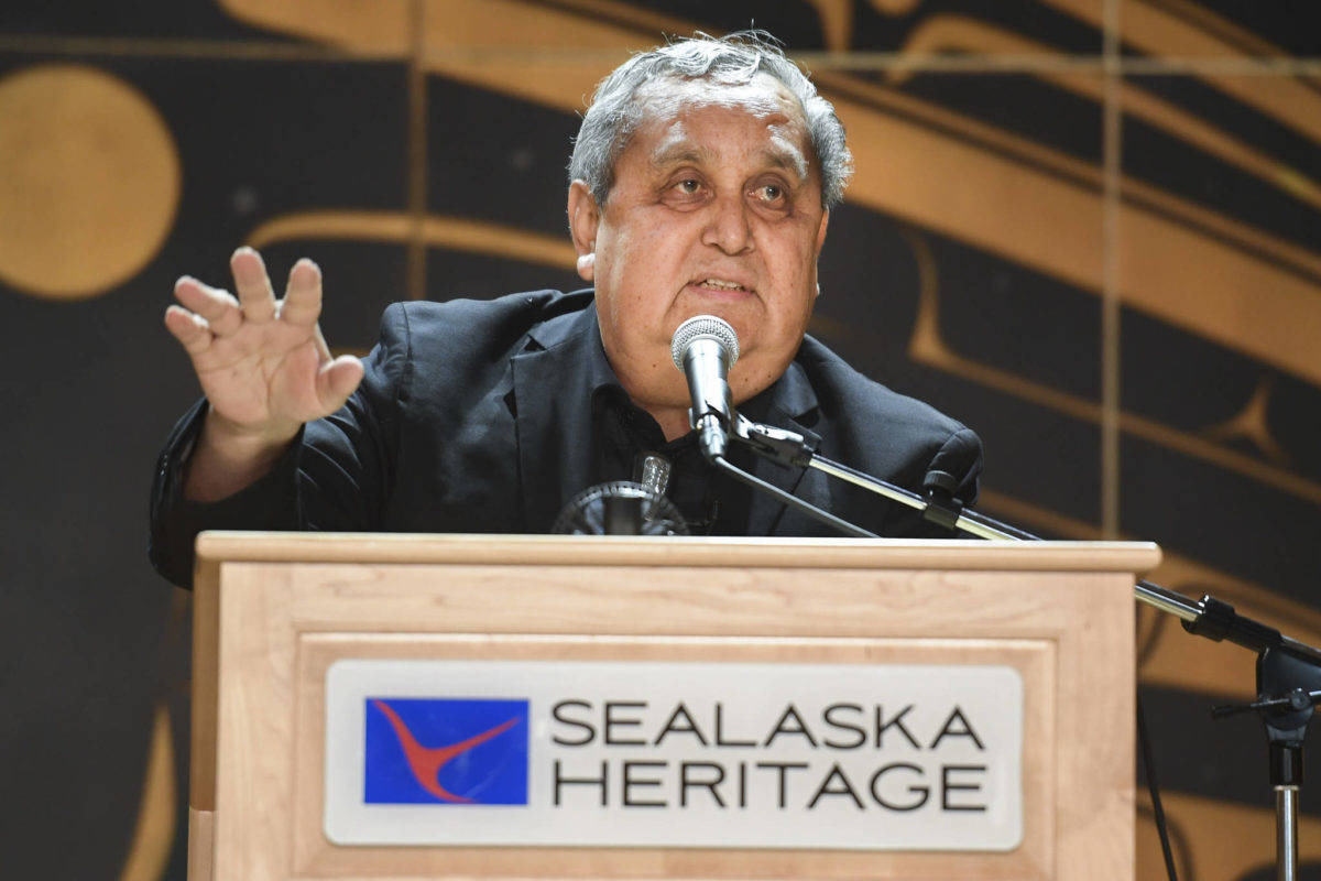 Michael Penn | Juneau Empire
In this November 2019 photo, former Sen. Albert Kookesh, D-Angoon, tells his favorite Walter Soboleff stories during a celebration of Soboleff at the Walter Soboleff Center on Walter Soboleff Day.