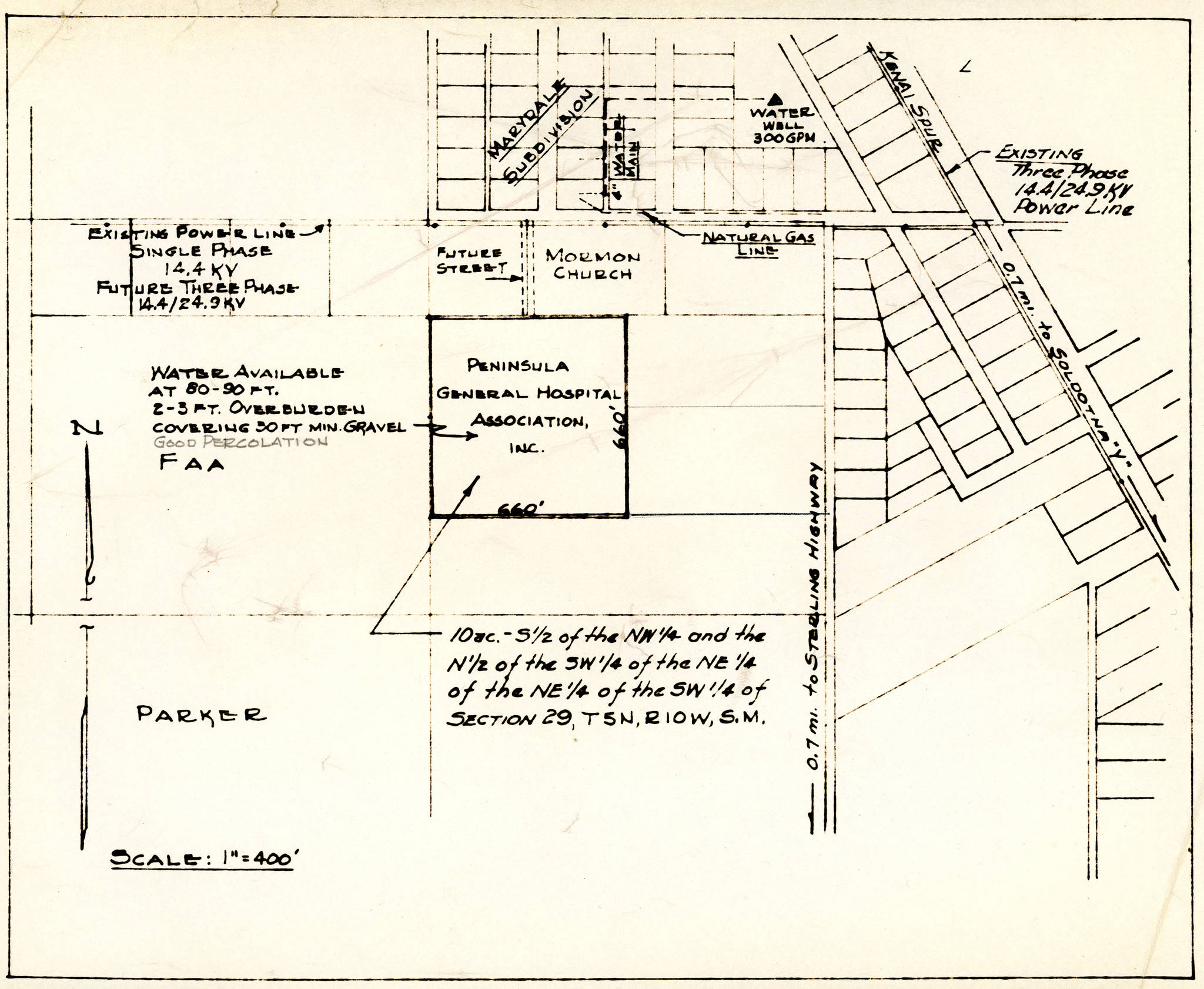 This early survey of the actual hospital location in Soldotna was produced by Soldotna surveyor Charlie Parker in 1965-66. The unnamed road just to the east of the hospital is now Binkley Street. To the north is Marydale Avenue. (Document courtesy of the Isaak family)