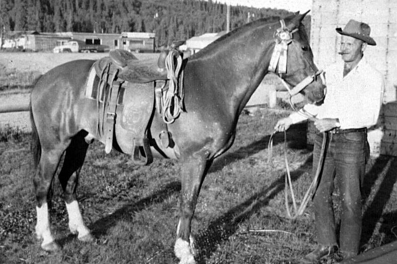 Cheechako News file photo from KPC’s Kenai Peninsula Historical Photo Repository
Joe Faa, who in 1965 sold 10 acres of his Soldotna homestead as a construction site for a new hospital, poses here in about 1961 with his prize horse Danny. Faa’s horse corral and hay fields are the reason for the name Corral Street in Soldotna.