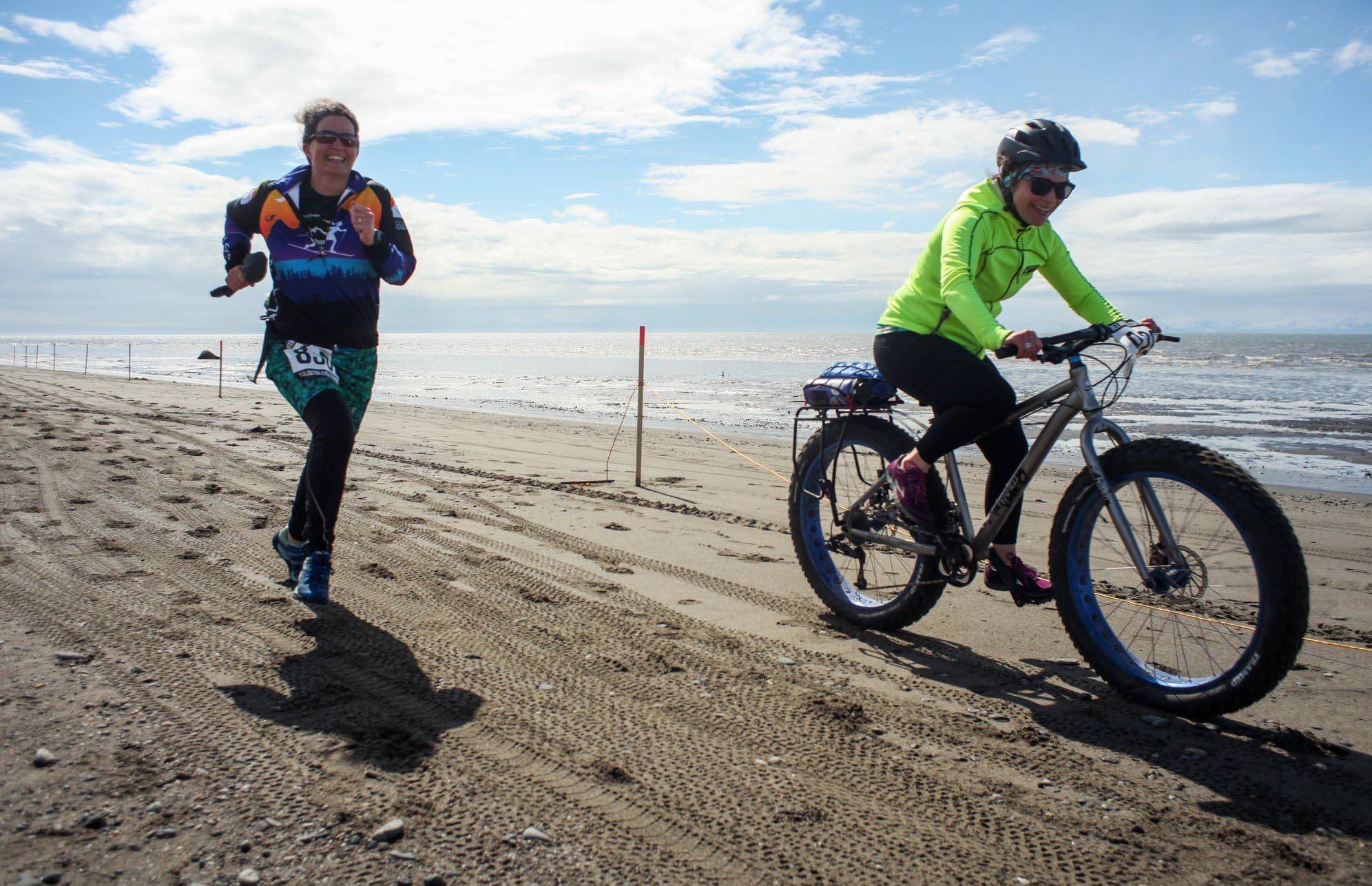 Heather Renner and Tasha Reynolds run and fat bike to the finish during 2019 Mouth to Mouth Wild Run & Ride. (Courtesy photo)