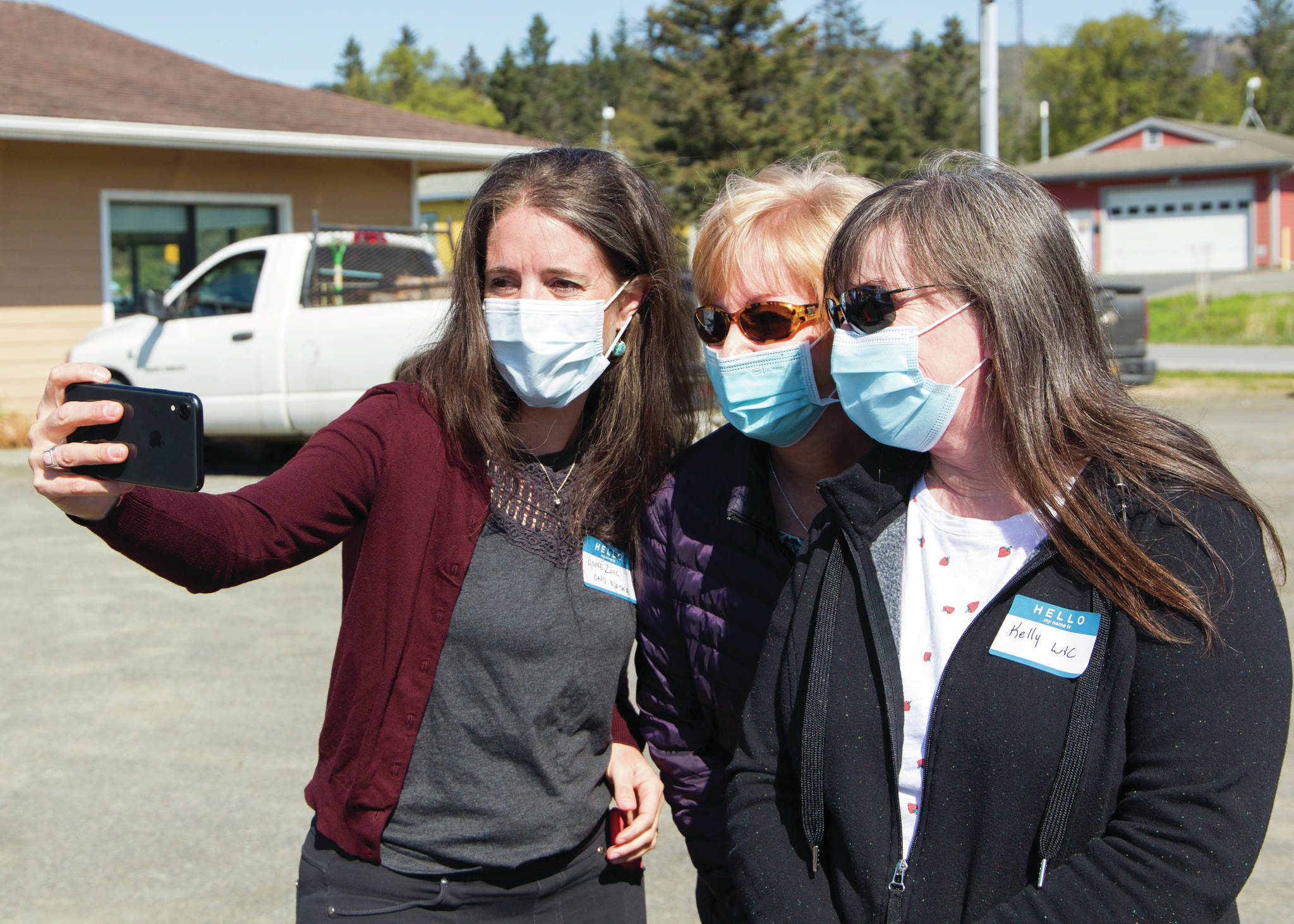 Sarah Knapp / Homer News
Alaska Chief Medical Officer Anne Zink, M.D., left, poses for a selfie with Kelly Bolt, right, and Debbie Gardner, who work at WIC, at a meet-and-greet on Thursday, May 27, at the Homer Public Health Center in Homer.