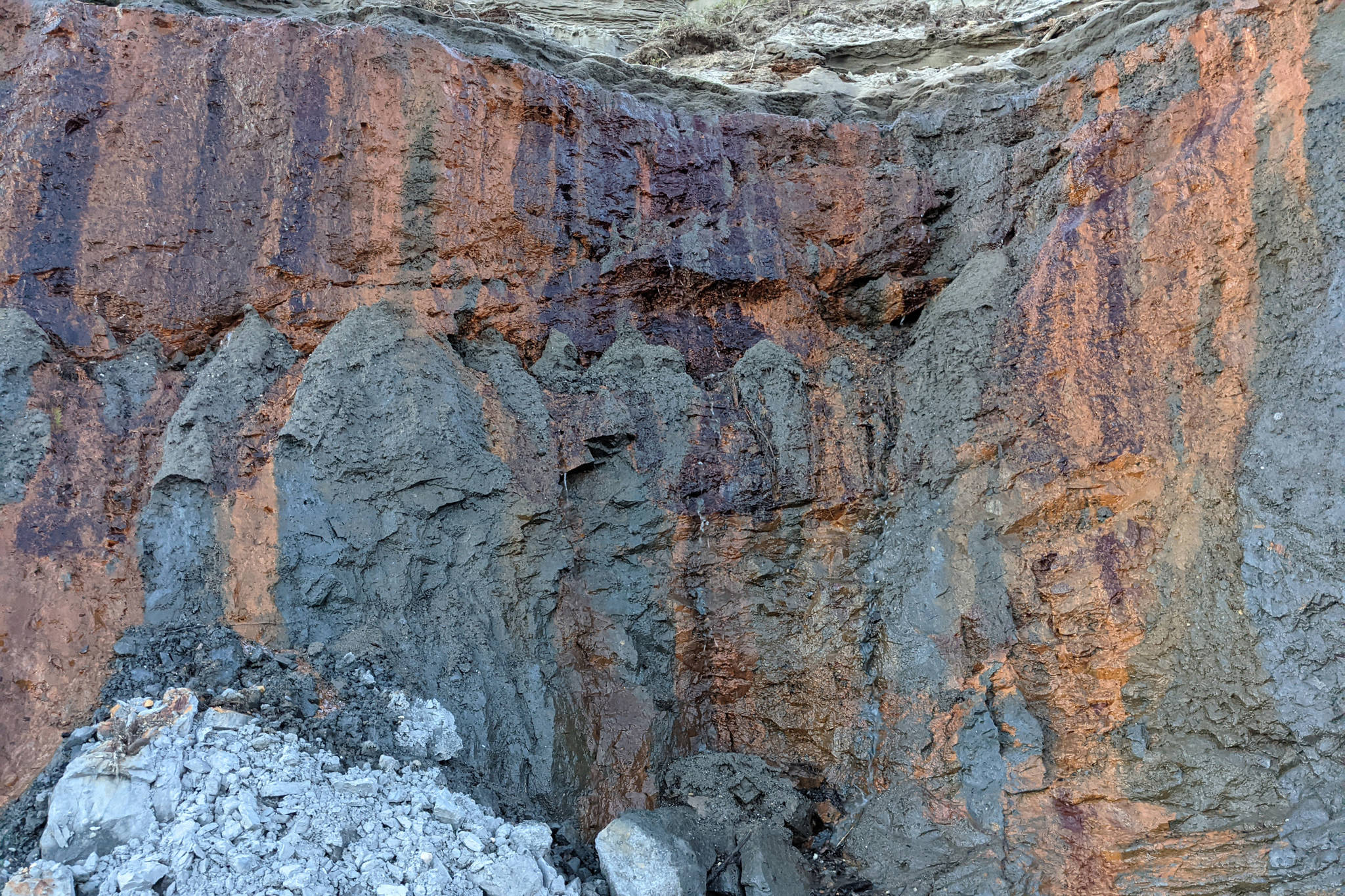 Eroding bluffs can be seen on Kenai North Beach in Kenai, Alaska, on June 3, 2021. (Photo by Erin Thompson/Peninsula Clarion)