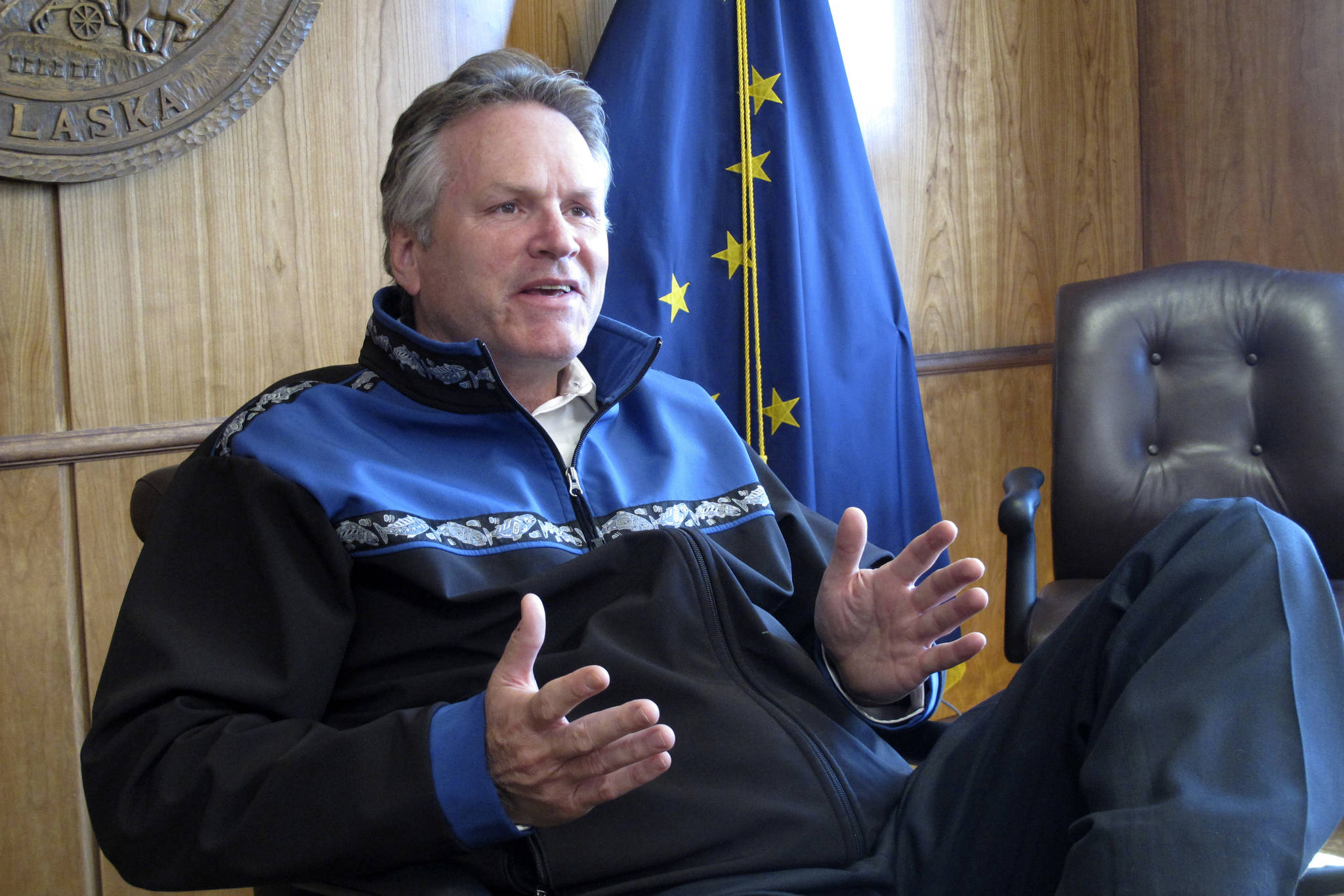 Alaska Gov. Mike Dunleavy gives an interview in the state Capitol on Monday, June 7, 2021, in Juneau, Alaska. The governor urged legislative action on his proposal for the dividend paid to residents from Alaska’s oil-wealth fund. (AP Photo/Becky Bohrer)