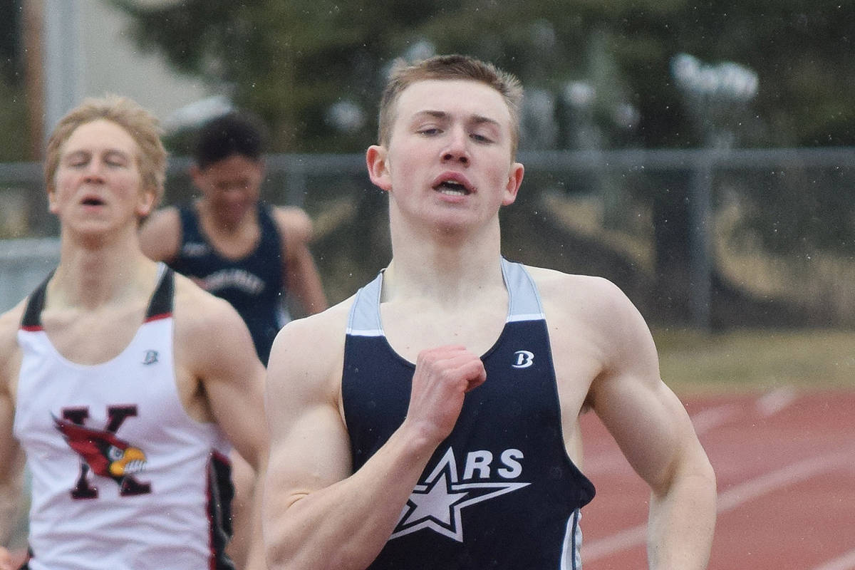 Soldotna senior Brenner Furlong approaches the finish of the boys 400-meter dash Saturday at the Kenai Invitational at Ed Hollier Field. (Photo by Joey Klecka/Peninsula Clarion)