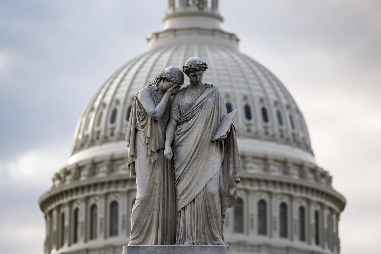 The Capitol Dome looms behind the Peace Monument statue in Washington, Friday, May 28, 2021. (AP Photo/J. Scott Applewhite)