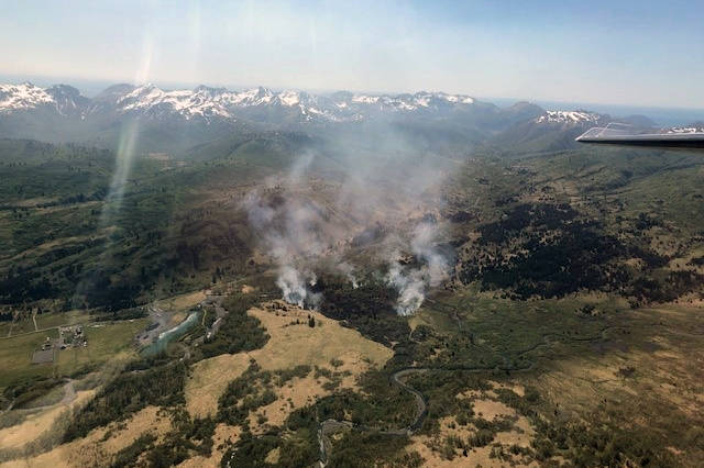 Smoke from the Kalsin Creek Fire on Kodiak Island is seen from this aerial photo taken Saturday, June 5, 2021. The Alaska Division of Forestry responded to slew of fires in the Kenai-Kodiak region over the weekend. (Duane Morris/Division of Forestry courtesy photo)