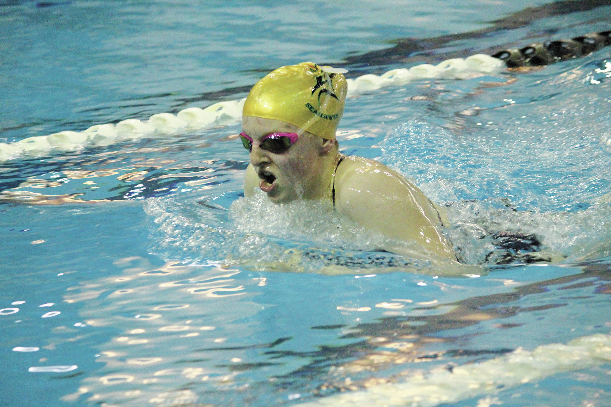 Seward’s Lydia Jacoby swims the breaststroke in the girls 200 yard individual medley race Friday, Oct. 2, 2020 during a dual meet at the Kate Kuhns Aquatic Center in Homer, Alaska. (Photo by Megan Pacer/Homer News)