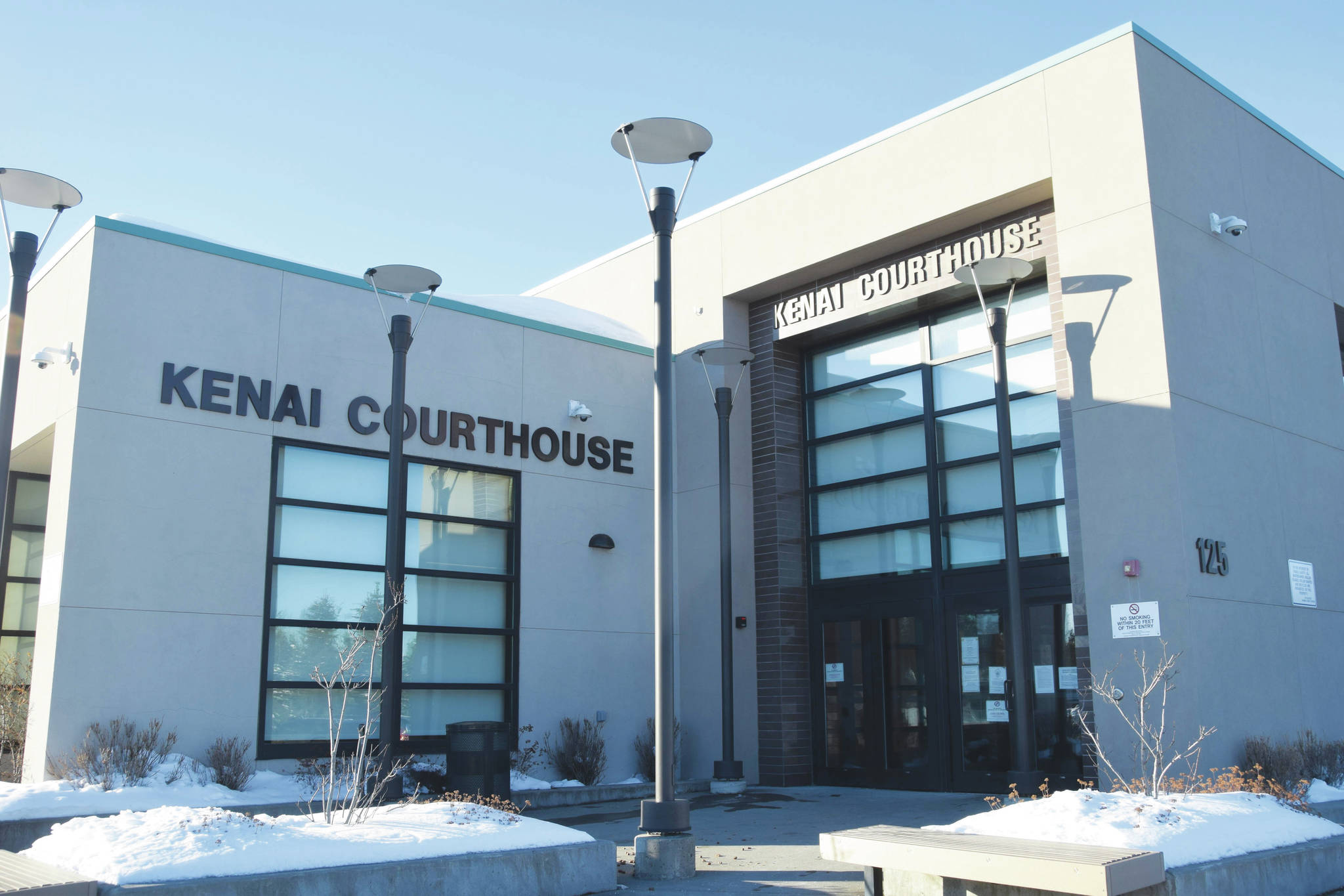 The entrance to the Kenai Courthouse in Kenai, Alaska, as seen on Feb. 26, 2019. (Photo by Brian Mazurek/Peninsula Clarion)