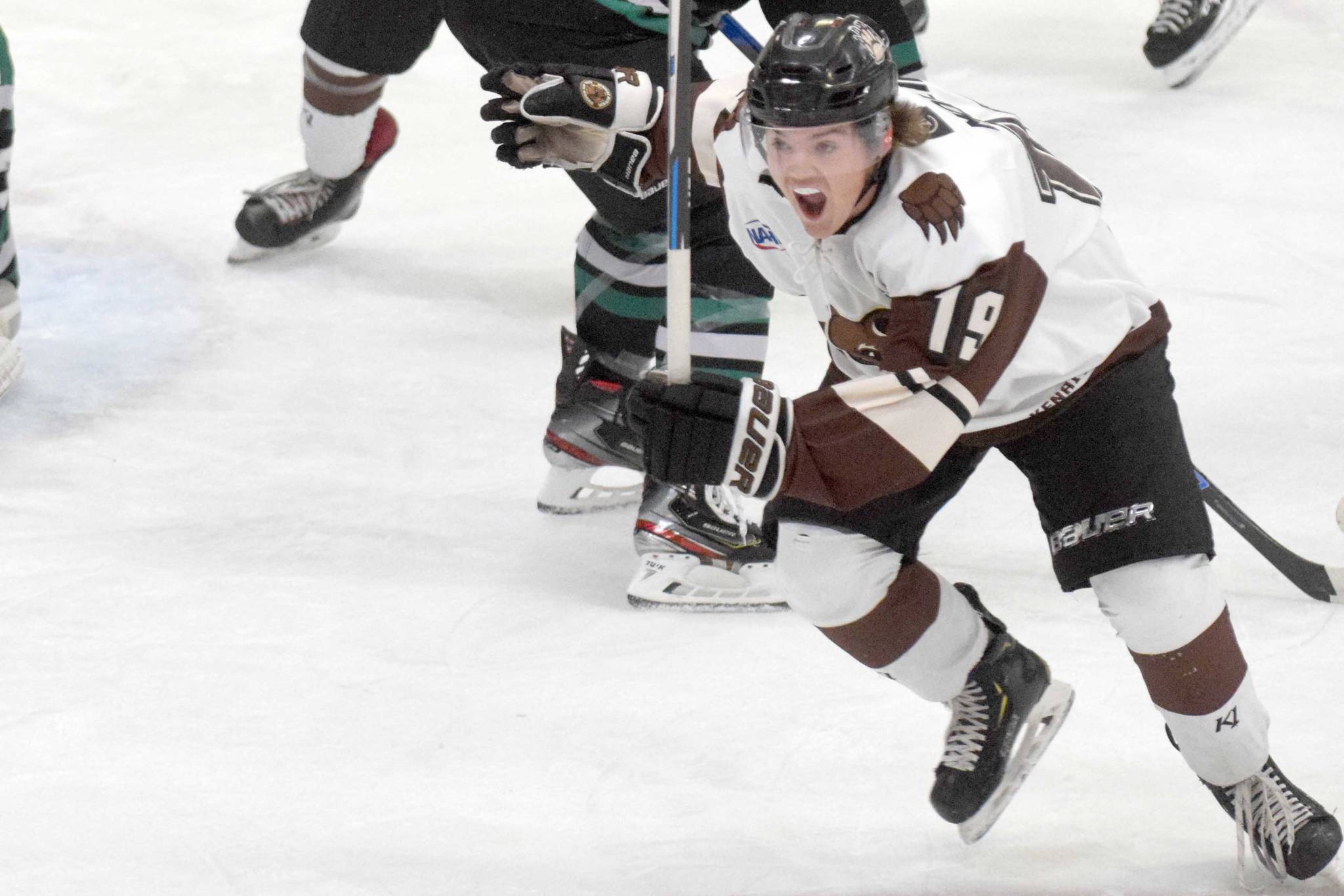 Kenai River Brown Bears forward Cody Moline celebrates his goal in the first period against the Chippewa (Wisconsin) Steel on Friday, Nov. 8, 2019, at the Soldotna Regional Sports Complex in Soldotna, Alaska. (Photo by Jeff Helminiak/Peninsula Clarion)