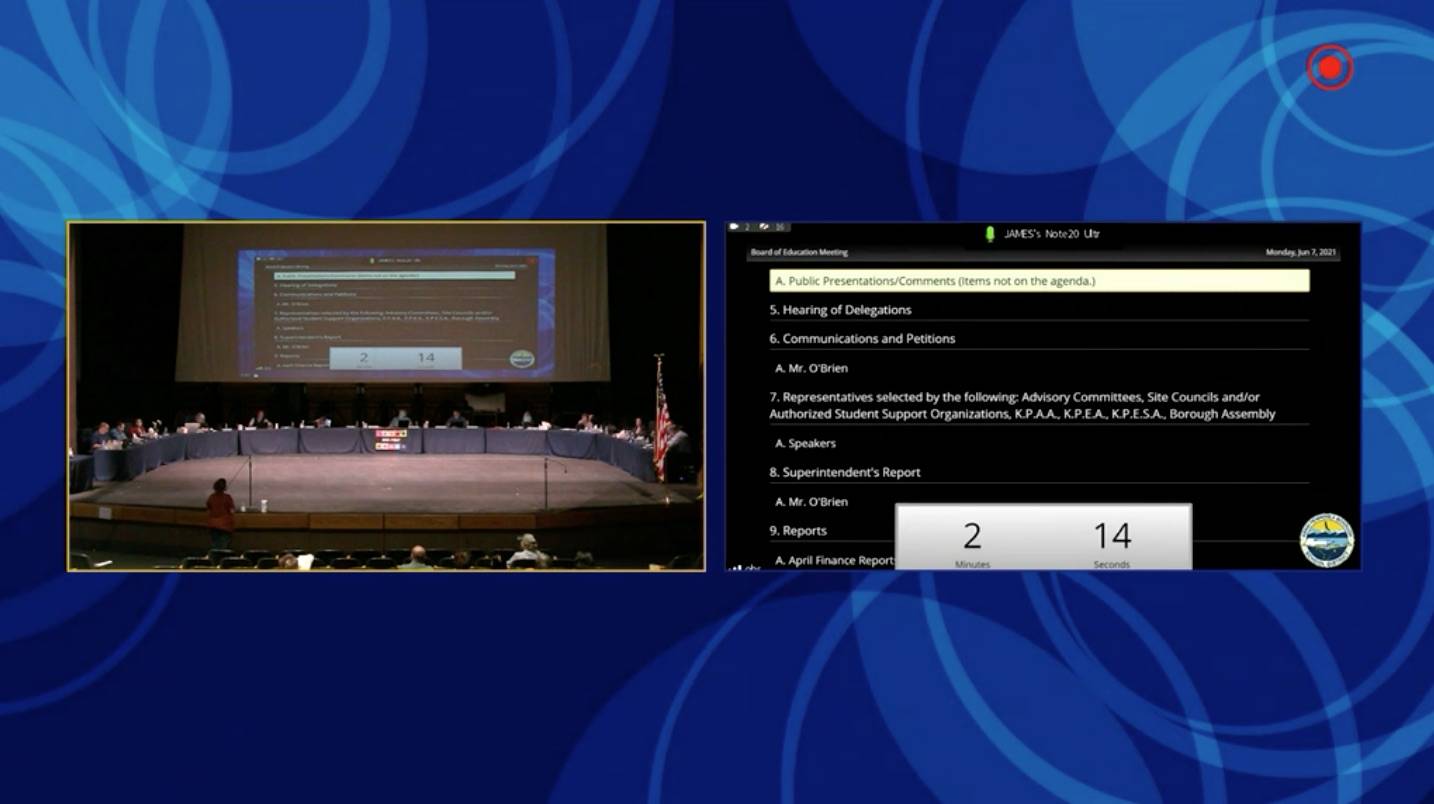 Krista Schooley (left) testifies before the Kenai Peninsula Borough Board of Education on Monday, June 7, 2021 in Kenai, Alaska. (Screenshot)