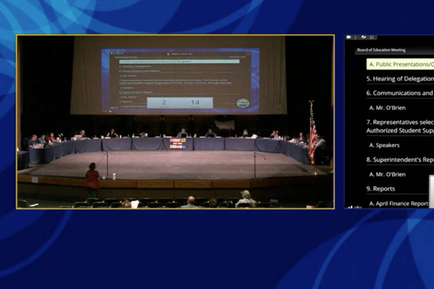 Krista Schooley (left) testifies before the Kenai Peninsula Borough Board of Education on Monday, June 7, 2021 in Kenai, Alaska. (Screenshot)