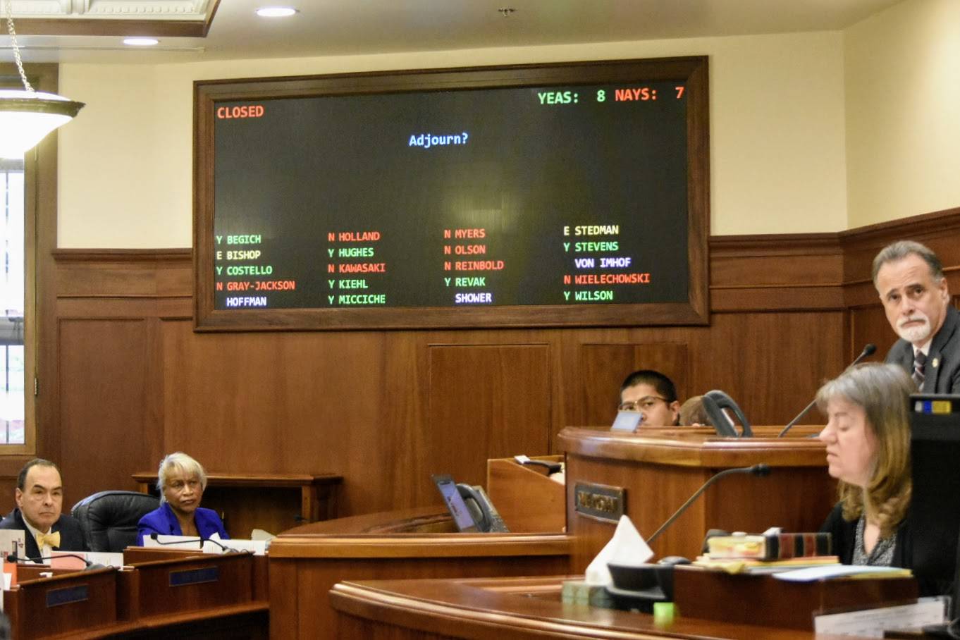 Senate President Peter Micciche, R-Soldotna, looks on as Senators vote whether to adjourn the long-awaited budget vote on Tuesday, June 15, 2021. Budget talks were derailed Tuesday after lawmakers and the governor balked at the budget proposal. (Peter Segall / Juneau Empire)