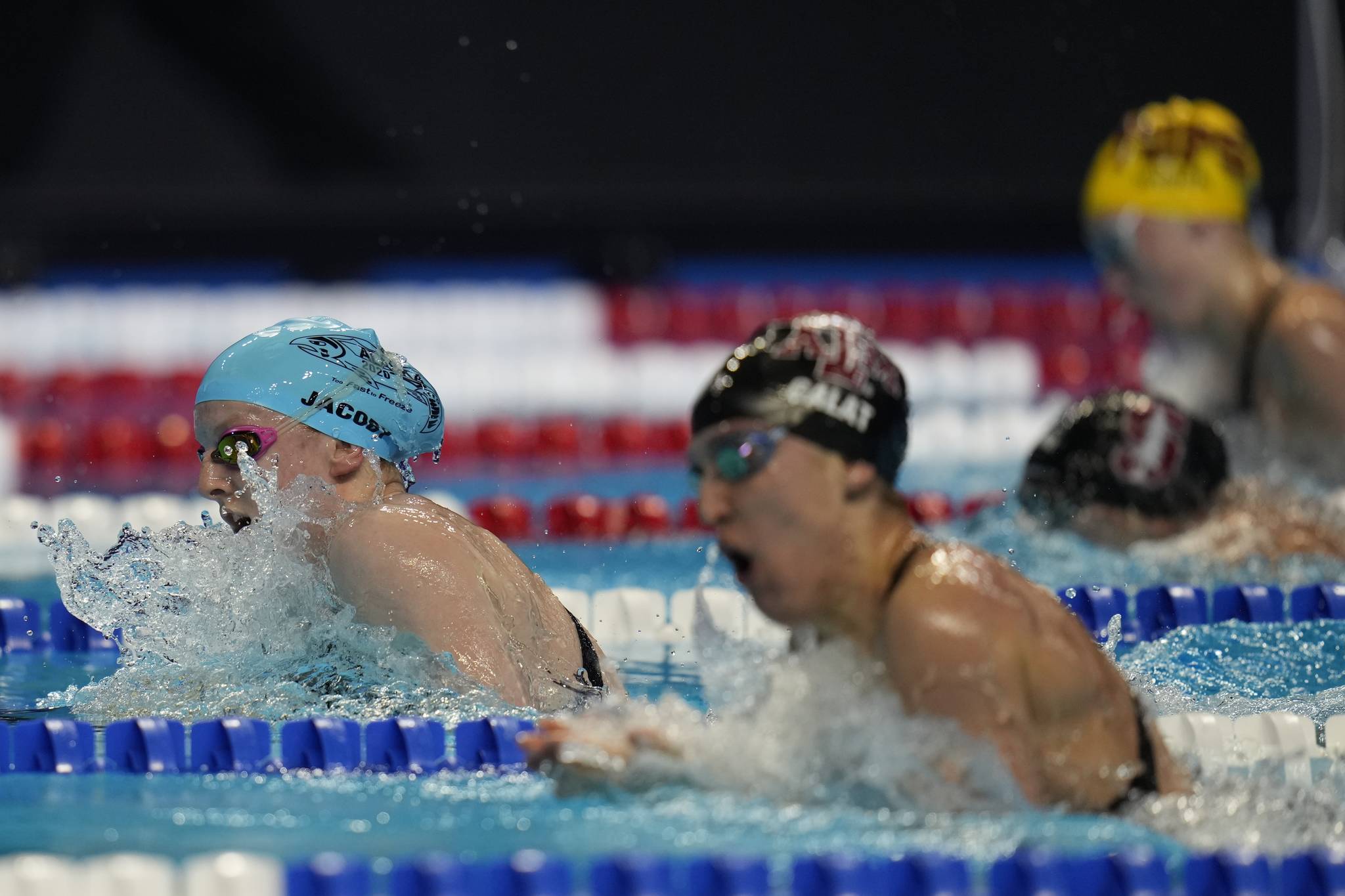 Lydia Jacoby participates in the Women’s 100 Breaststroke during wave 2 of the U.S. Olympic Swim Trials on Monday, June 14, 2021, in Omaha, Neb. On Tuesday Jacoby came in second to former Olympic gold medalist Lilly King in the finals, likely earning herself a spot on the Olympic team. (AP Photo/Jeff Roberson)