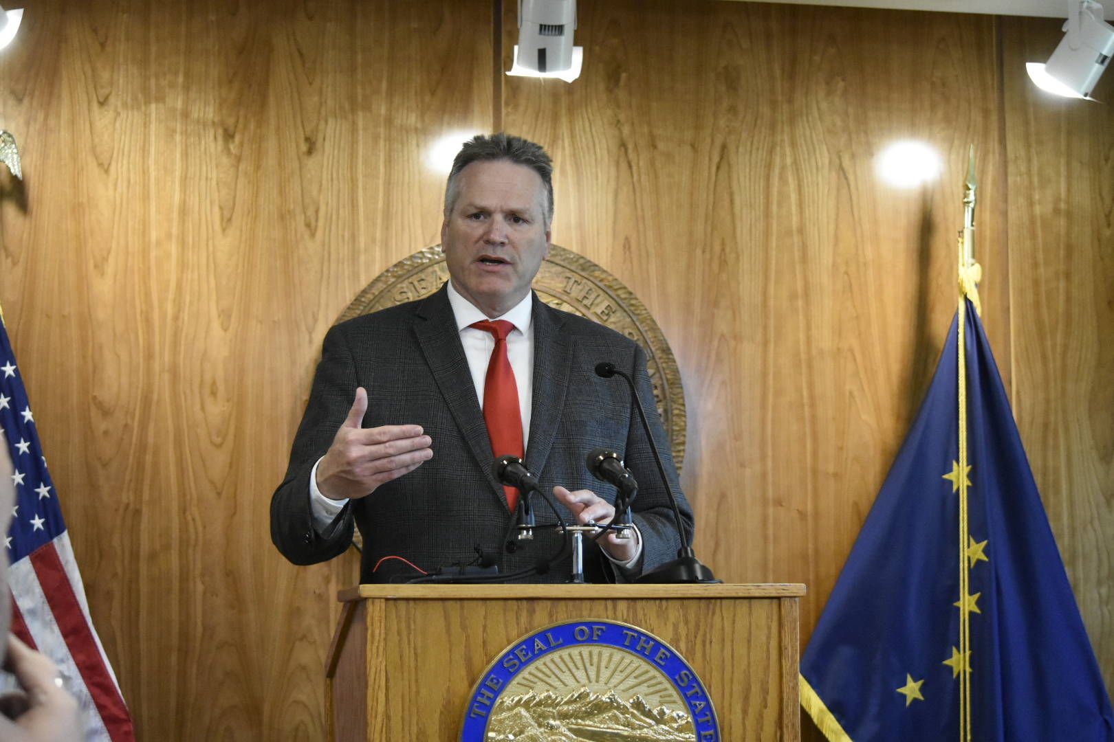 Peter Segall / Juneau Empire
Gov. Mike Dunleavy held a press conference at the Alaska State Capitol on Thursday to say he was ready to call lawmakers into yet another special session if they didn’t rectify by Friday issues with the budget passed earlier this week.