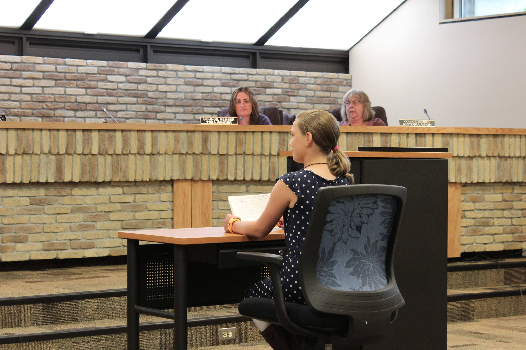 Kate Cox, 12, testifies before the Kenai City Council on Wednesday, June 16, 2021 in Kenai, Alaska. (Ashlyn O’Hara/Peninsula Clarion)