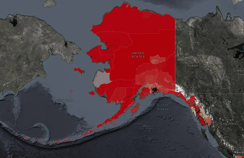 Screenshot 
A recently released map by the National Telecommunications and Information Administration shows the vast areas of low data speeds and access by broadband users across Alaska and the rest of the U.S.