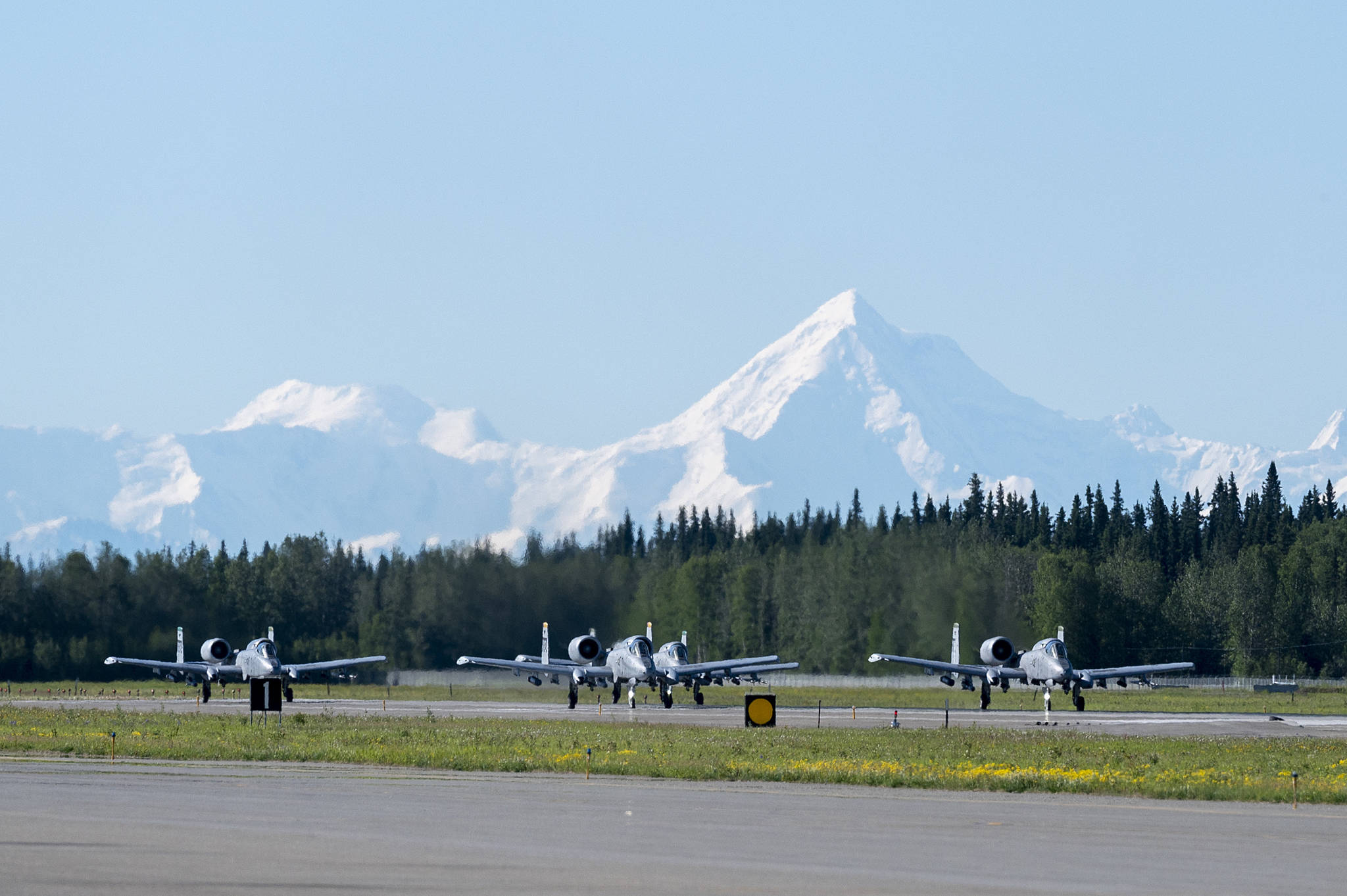 A-10 Thunderbolt II aircraft assigned to the 25th Fighter Squadron taxi during exercise Red Flag-Alaska 21-02 at Eielson Air Force Base, Alaska, June 14, 2021. (Tech. Sgt. Peter Thompson / U.S. Air Force)
