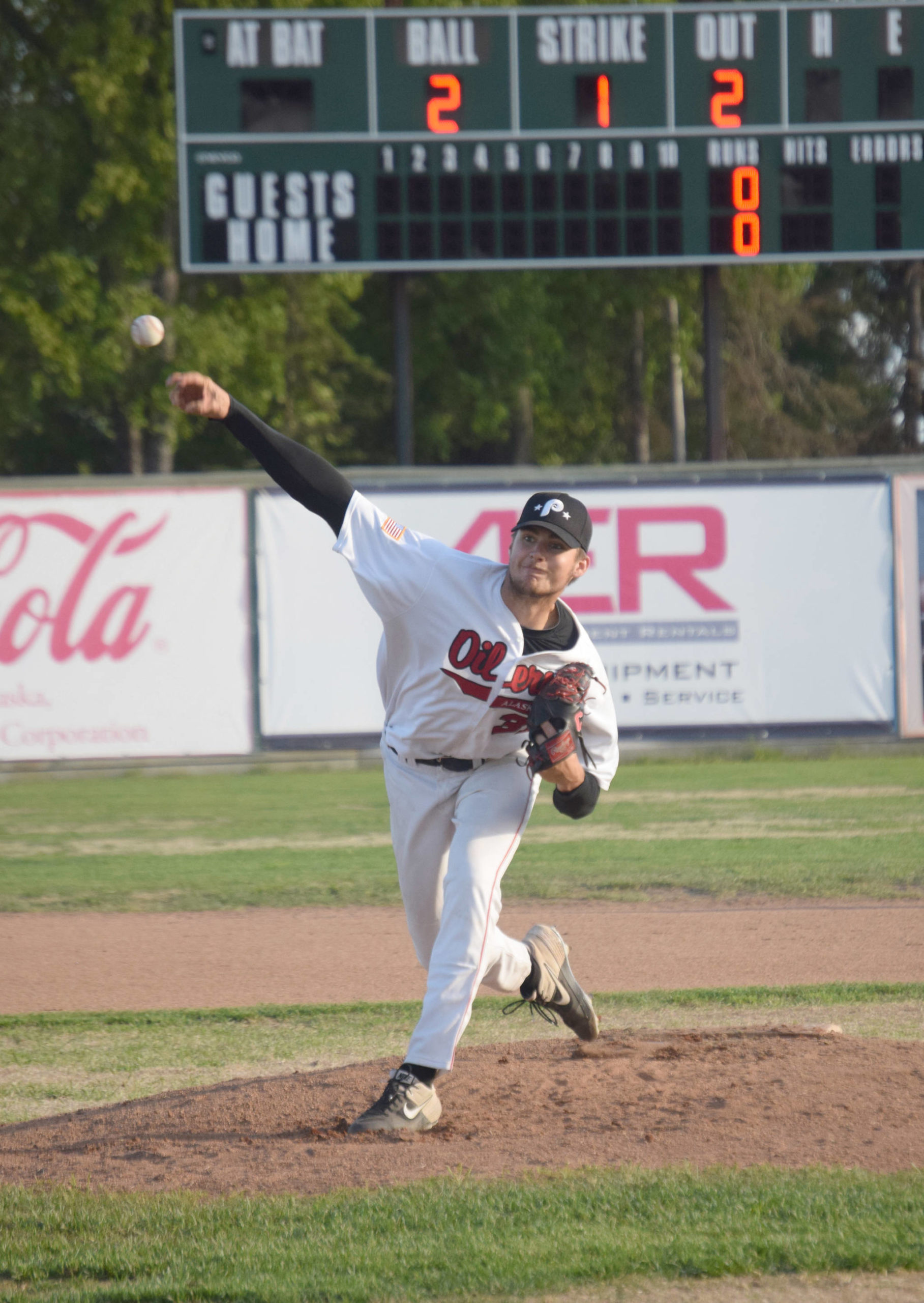 Peninsula Oilers starting pitcher Luke Yacinich delivers to the Mat-Su Miners on Tuesday, June 22, 2021, at Coral Seymour Memorial Park in Kenai, Alaska. (Photo by Jeff Helminiak/Peninsula Clarion)