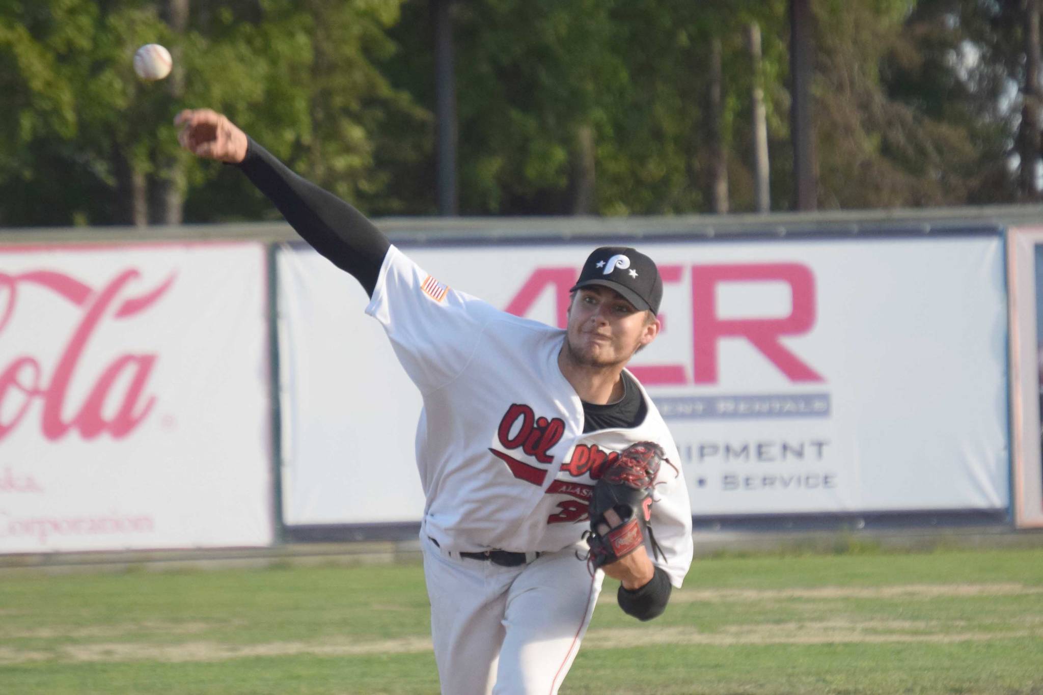 Peninsula Oilers starting pitcher Luke Yacinich delivers to the Mat-Su Miners on Tuesday, June 22, 2021, at Coral Seymour Memorial Park in Kenai, Alaska. (Photo by Jeff Helminiak/Peninsula Clarion)