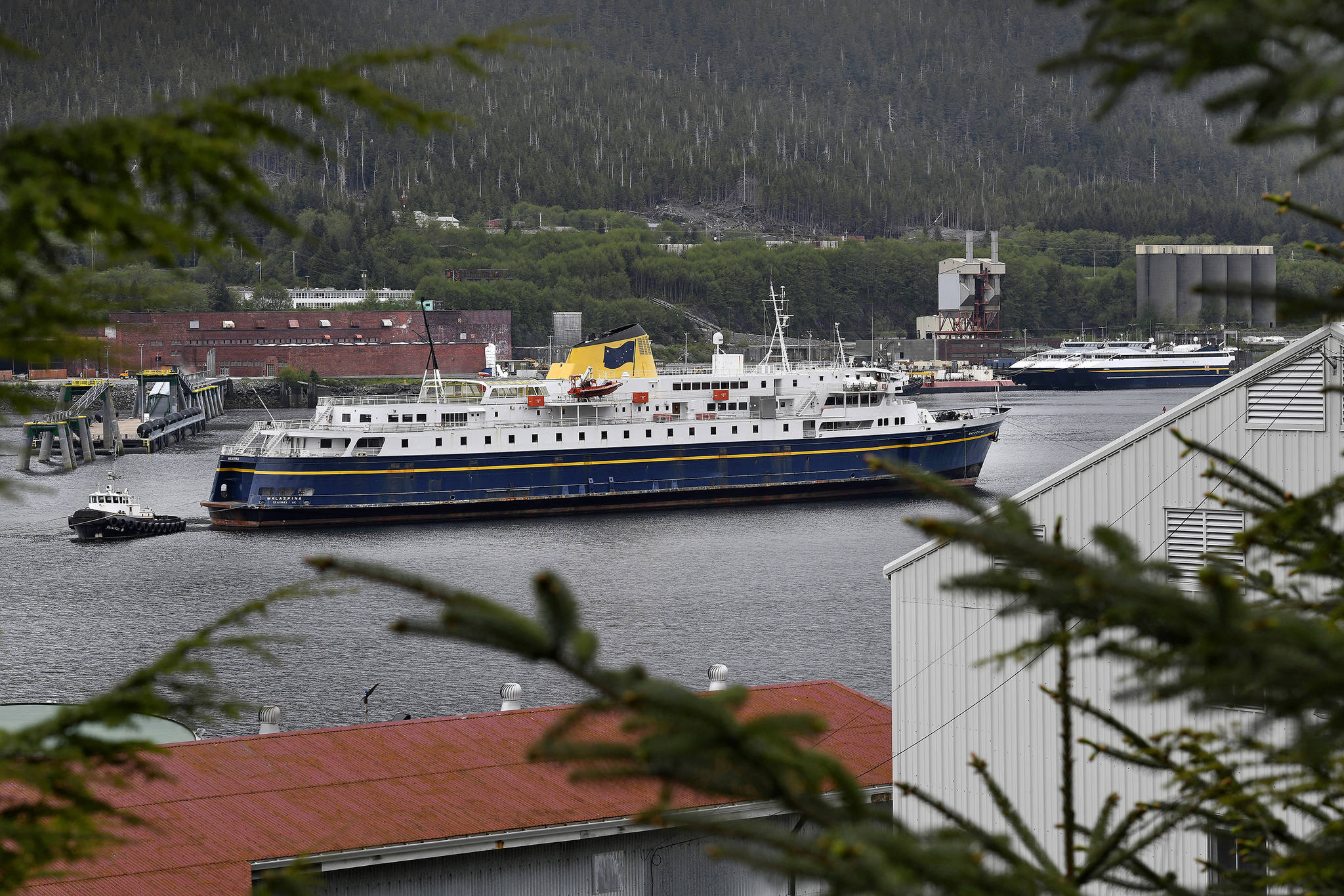 The Alaska Marine Highway System ferry Malaspina and Amak Towing tugboat Jennie B. share a mooring in Ketchikan, Alaska on May 21. The state of Alaska is trying to dispose of the 58-year-old ferry, and even has offered to give it free to the government of the Philippines. CoastAlaska reports Gov. Mike Dunleavy offered to give the Malaspina ferry away in a letter last month to the Philippines consul general in San Francisco. (Dustin Safranek/Ketchikan Daily News via AP)