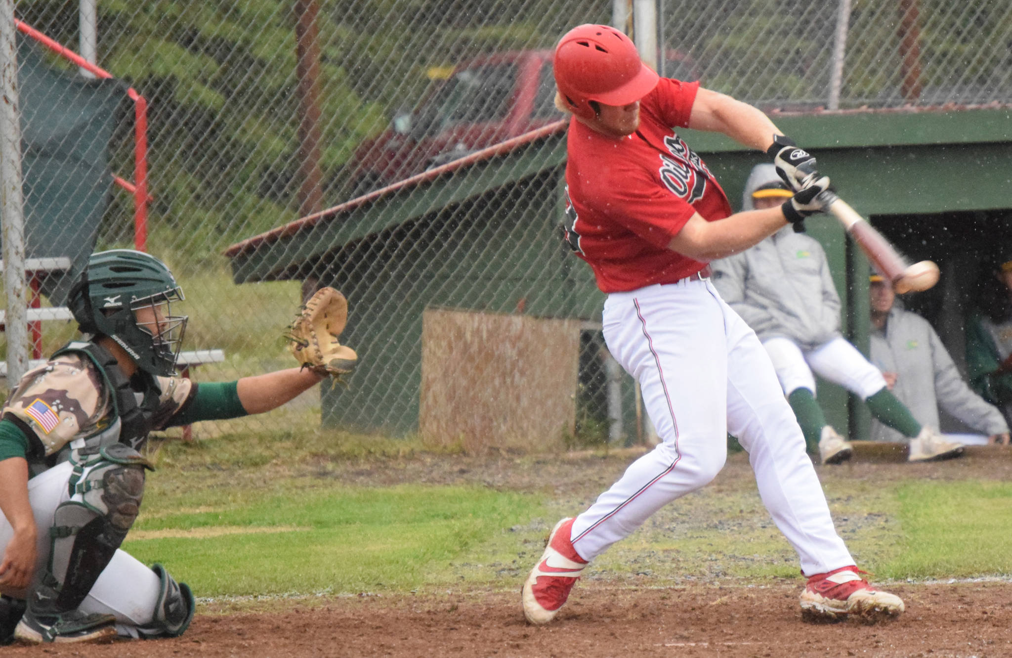 Garrett Pennington of the Peninsula Oilers singles against the Mat-Su Miners on Wednesday, June 23, 2021, at Coral Seymour Memorial Park in Kenai, Alaska. (Photo by Jeff Helminiak/Peninsula Clarion)