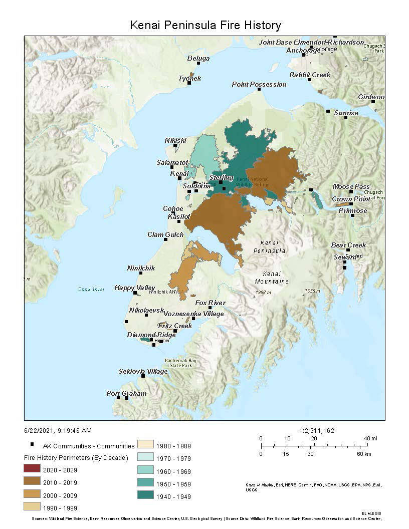 Map of wildfire history on the Kenai Peninsula. (From Wildland Fire Science)