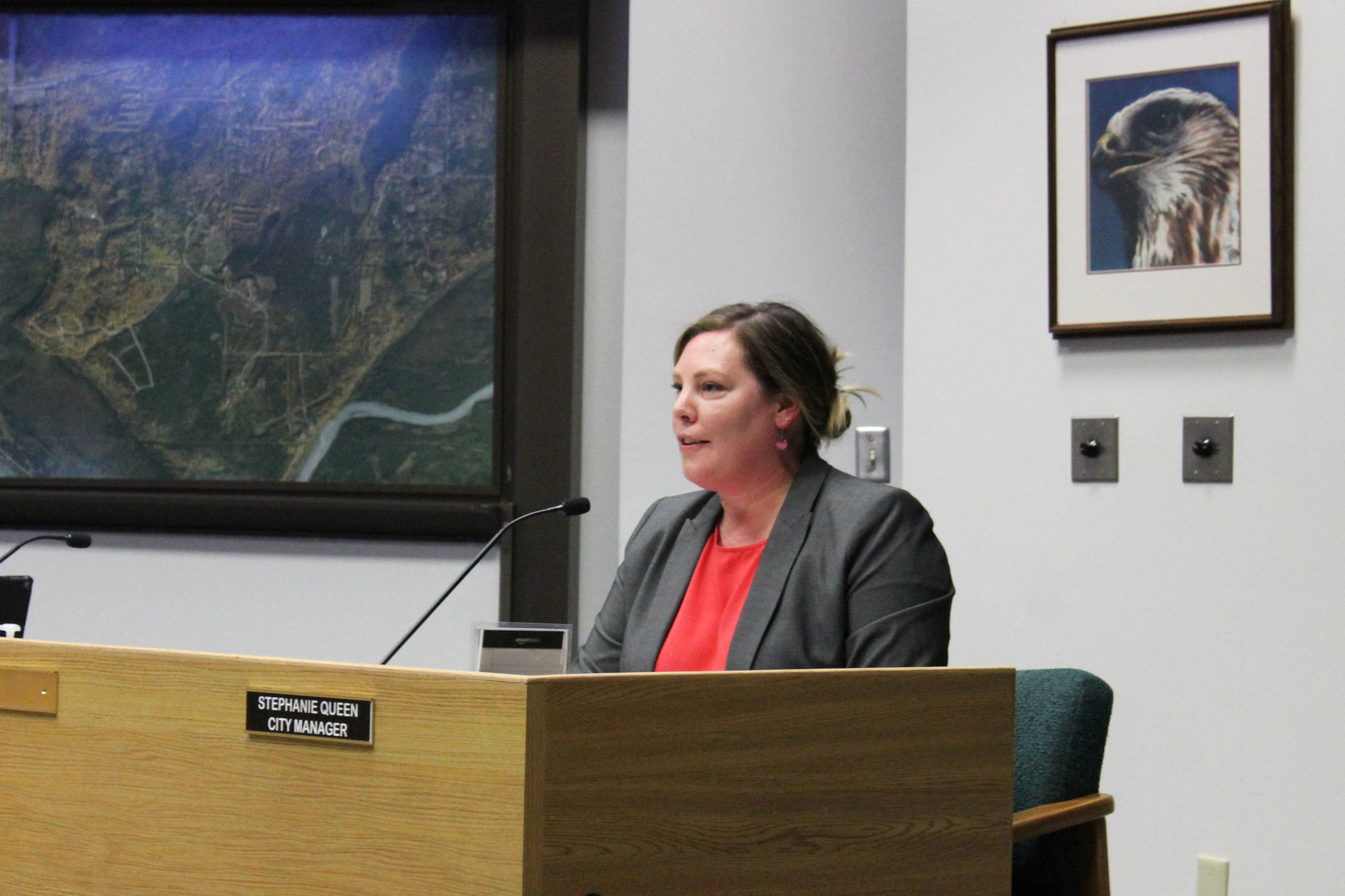 Soldotna City Manager Stephanie Queen speaks at a meeting of the Sodotna City Council on Wednesday, June 23, 2021 in Soldotna, Alaska. (Ashlyn O’Hara/Peninsula Clarion)