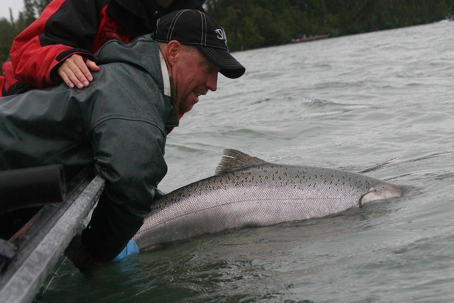Greg Brush passes Kenai conservation on to the next generation of anglers by releasing a king salmon. (Photo courtesy Greg Brush)