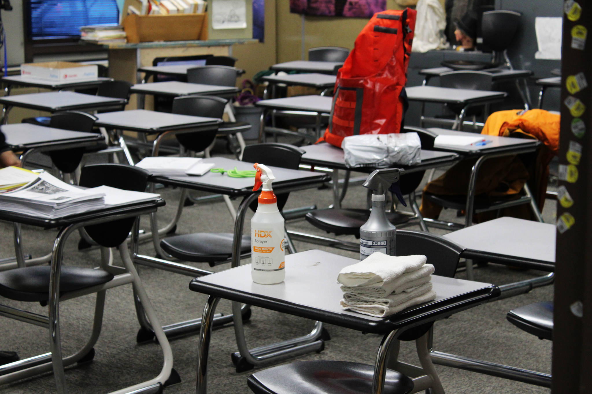 Supplies for sanitizing areas are seen inside of a classroom at Kenai Middle School on Friday, Jan. 8, 2021, in Kenai, Alaska. (Ashlyn O’Hara/Peninsula Clarion)