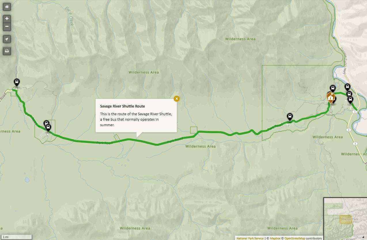 A map shows the route of the Savage River Shuttle in Denali National Park and Preserve. (Screenshot from National Park Service)
