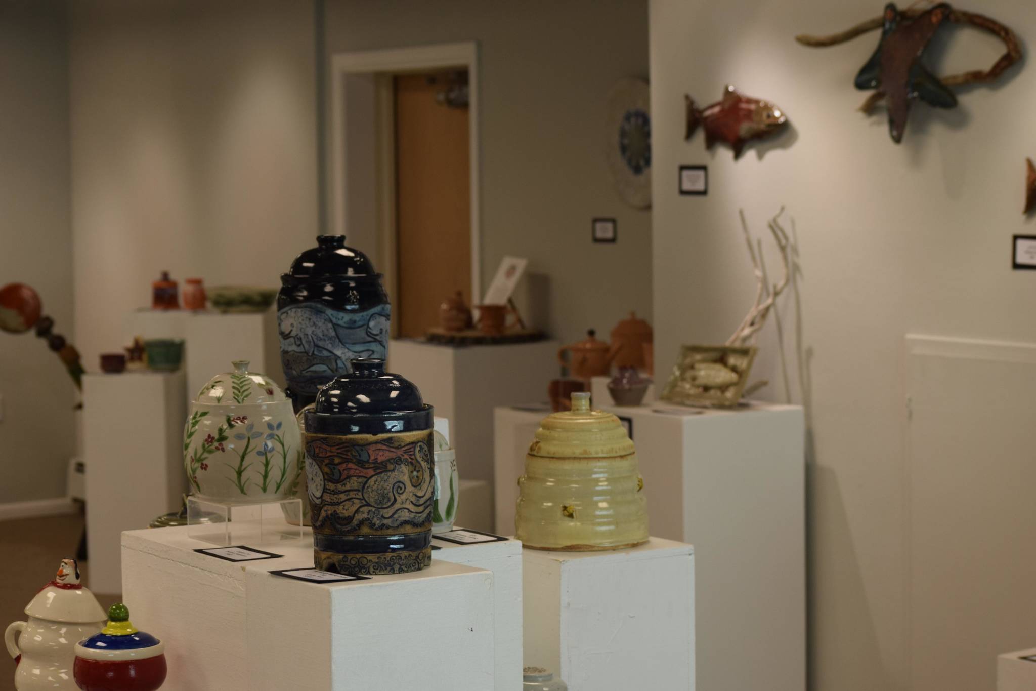 Pottery is on display on Wednesday, June 30, 2021, at the Kenai Art Center, which is reopening on Thursday for the first time since the start of the COVID-19 pandemic, in Kenai, Alaska. (Camille Botello/Peninsula Clarion)