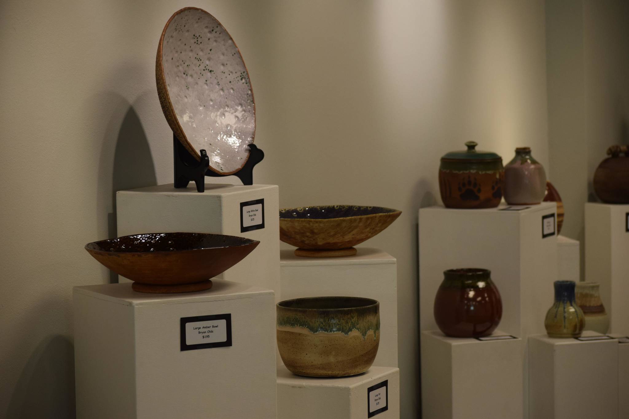 Pottery is on display on Wednesday, June 30, 2021, at the Kenai Art Center, which is reopening for the first time since before the pandemic on Thursday, in Kenai, Alaska. (Camille Botello / Peninsula Clarion)