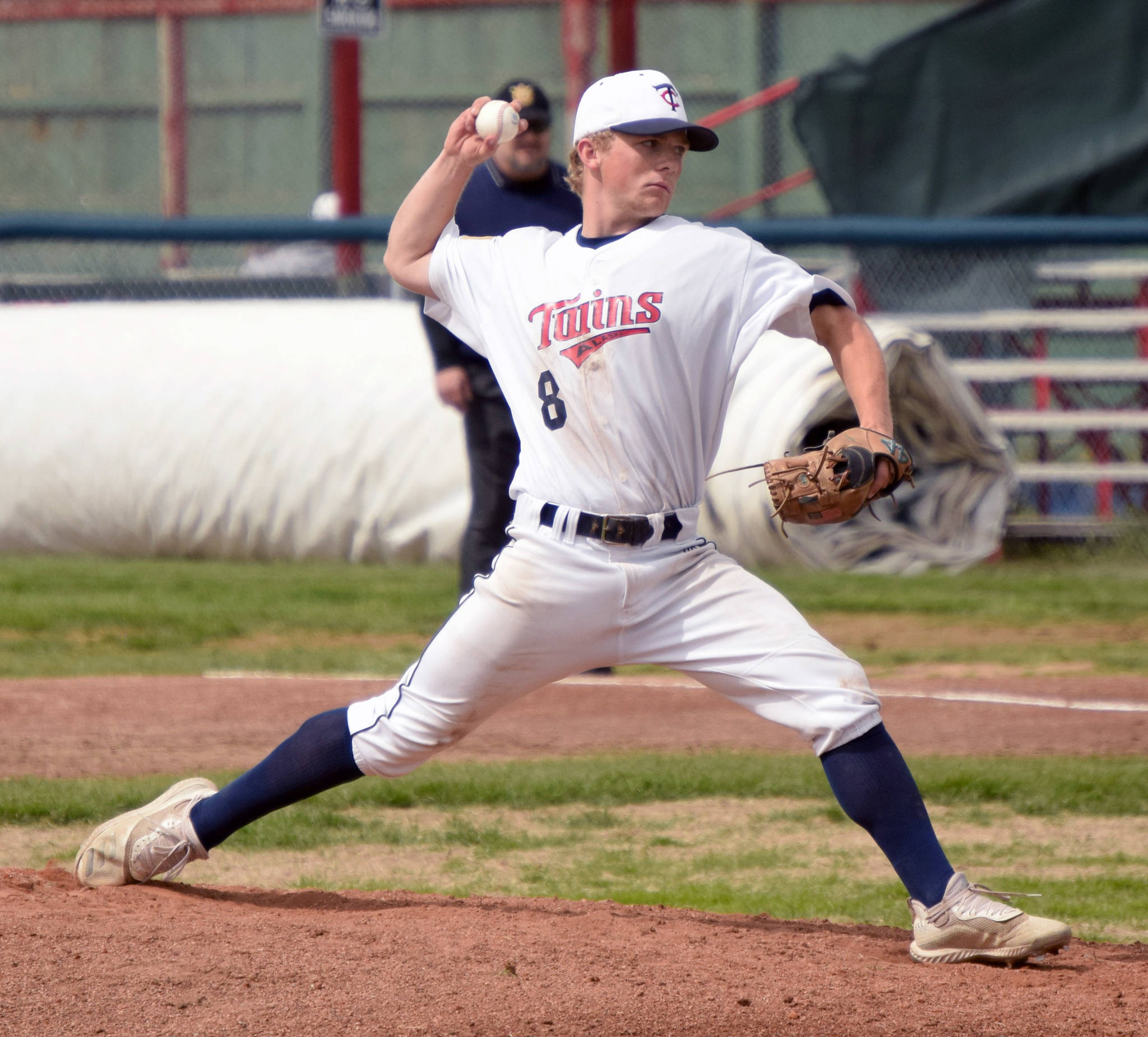 Twins starting pitcher Harrison Metz delivers to Service on Thursday, July 1, 2021, at Coral Seymour Memorial Park in Kenai, Alaska. (Photo by Jeff Helminiak/Peninsula Clarion)
