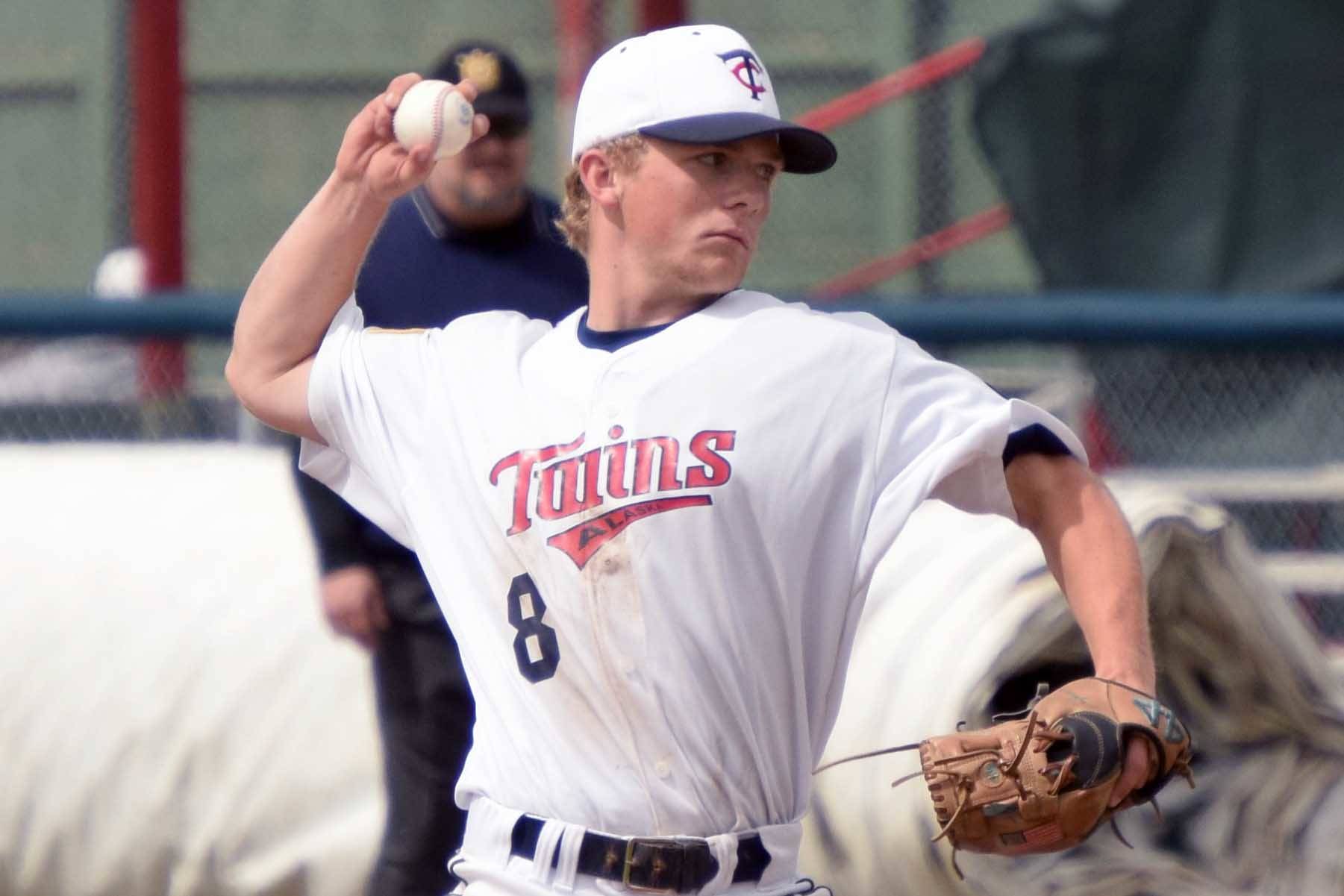 Twins starting pitcher Harrison Metz delivers to Service on Thursday, July 1, 2021, at Coral Seymour Memorial Park in Kenai, Alaska. (Photo by Jeff Helminiak/Peninsula Clarion)