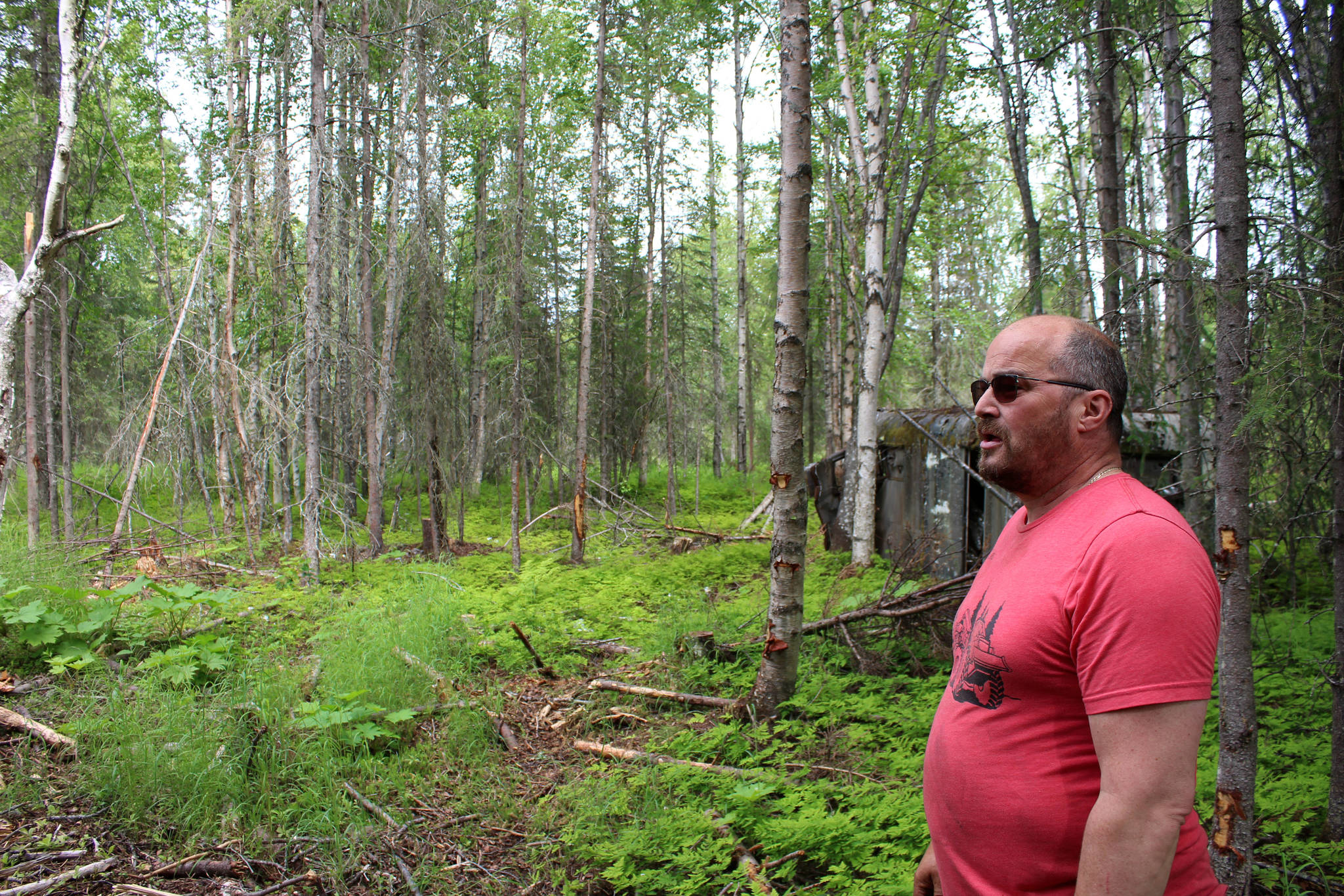 Walt Blauvelt stands among trees near the Central Peninsula Landfill on Thursday, July 1, 2021 near Soldotna, Alaska. (Ashlyn O’Hara/Peninsula Clarion)
